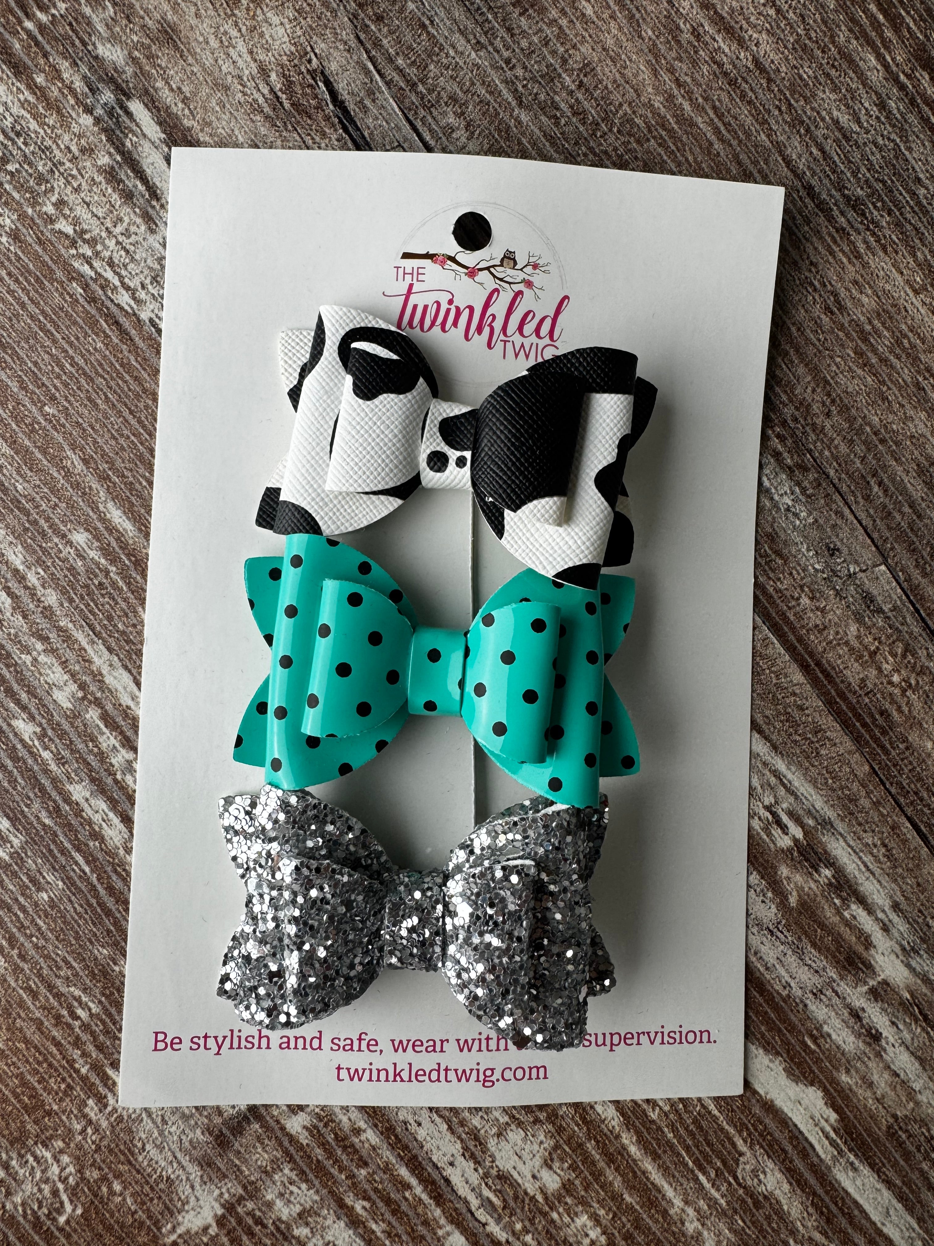 Handmade Hair Bow Set -  Turquoise & Cow Clips