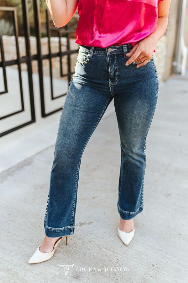 The Cassidy Rhinestone Studded High Rise Flare Jeans — Mid Wash | 31" Inseam