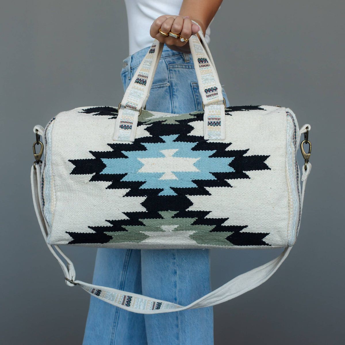 White, Black, Lt. Blue & Olive Western Duffel