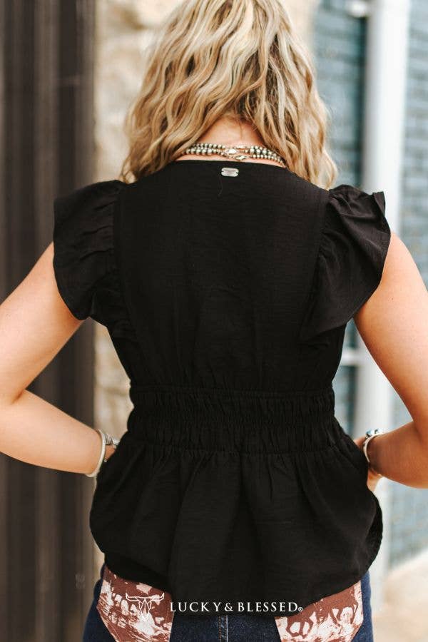 The Eden New Black Camel Embroidered Smocked Waist Ruffle Blouse