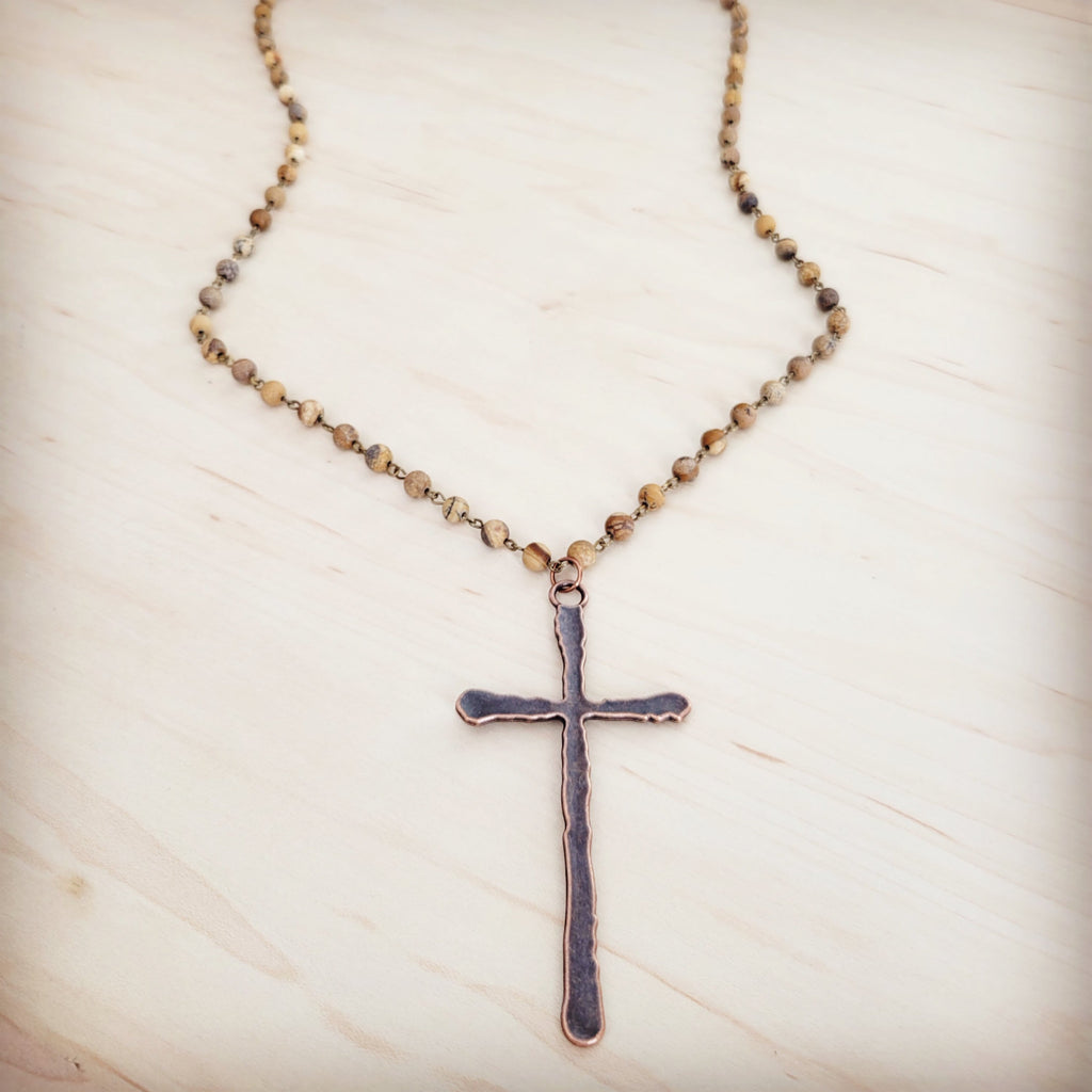 **Genuine Picture Jasper Long Beaded Necklace with Antique Copper Cross 262w
