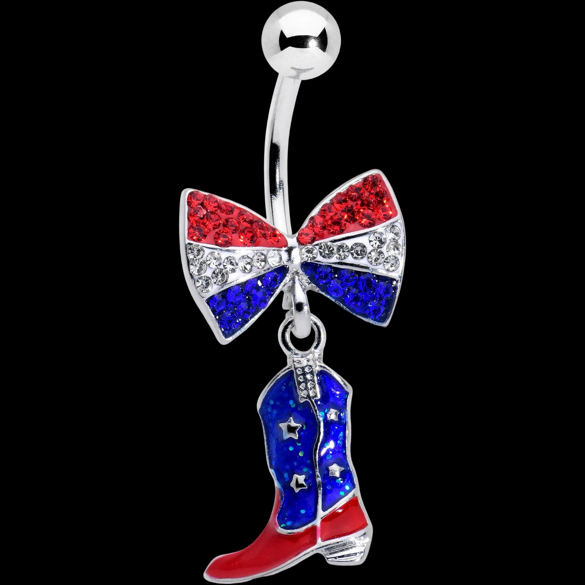 Red Blue Clear Gem Bow Cowboy Boot Patriotic Dangle Belly Ring