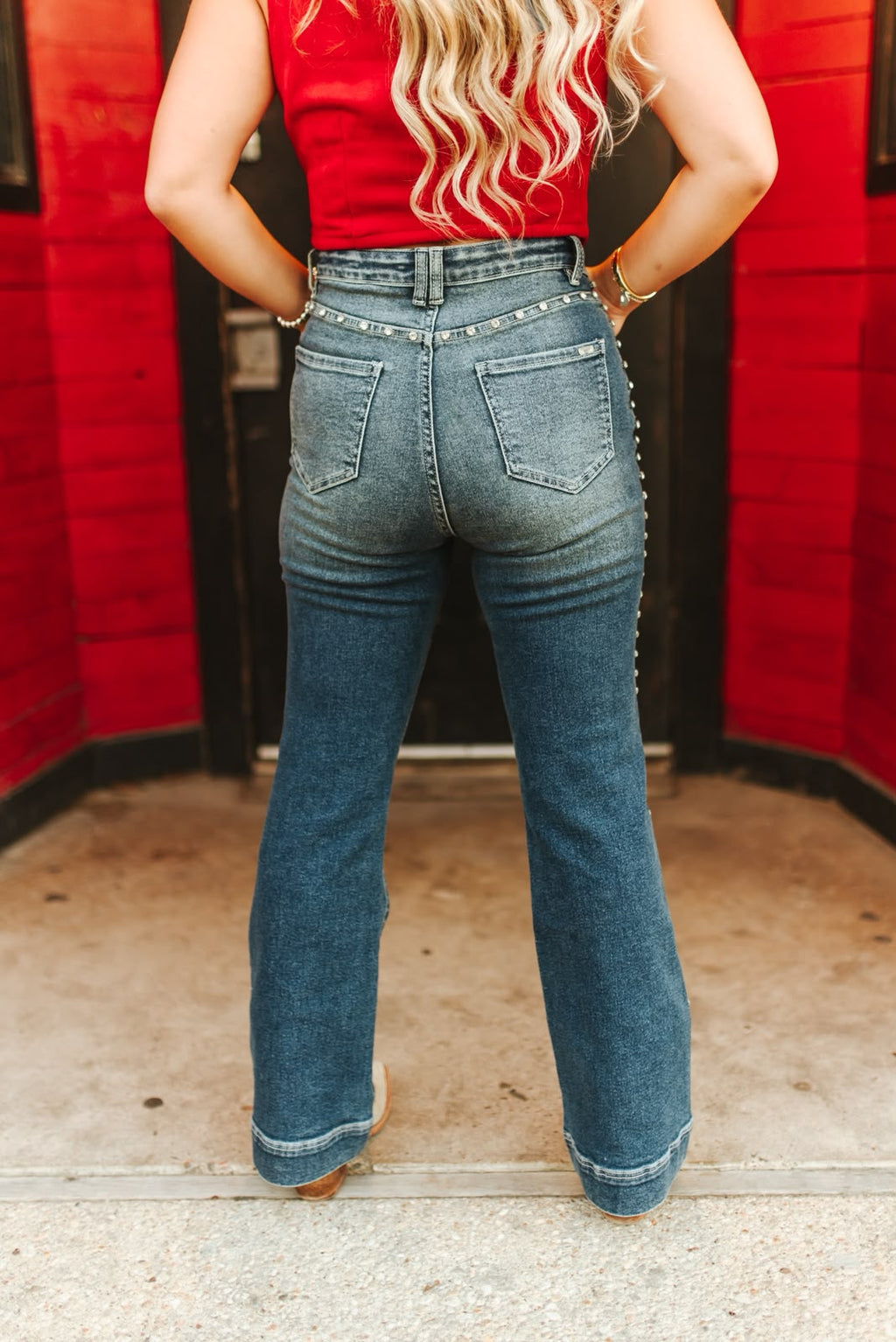 The Cassidy Rhinestone Studded High Rise Flare Jeans — Mid Wash | 31" Inseam
