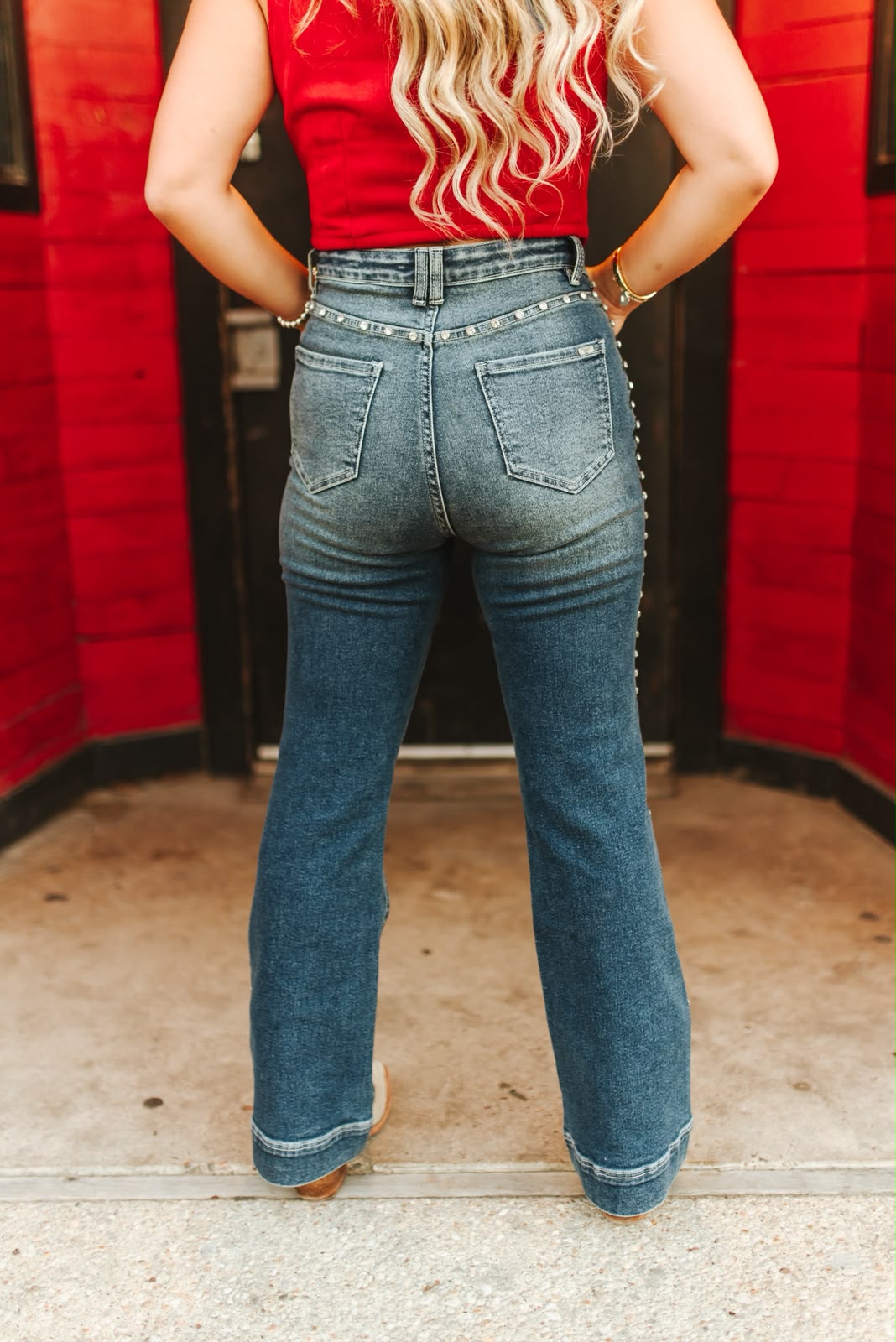 The Cassidy Rhinestone Studded High Rise Flare Jeans — Mid Wash | 31" Inseam