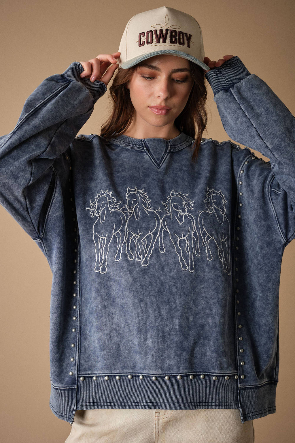 The Brooke Horse Embroidery Stud Sweatshirt