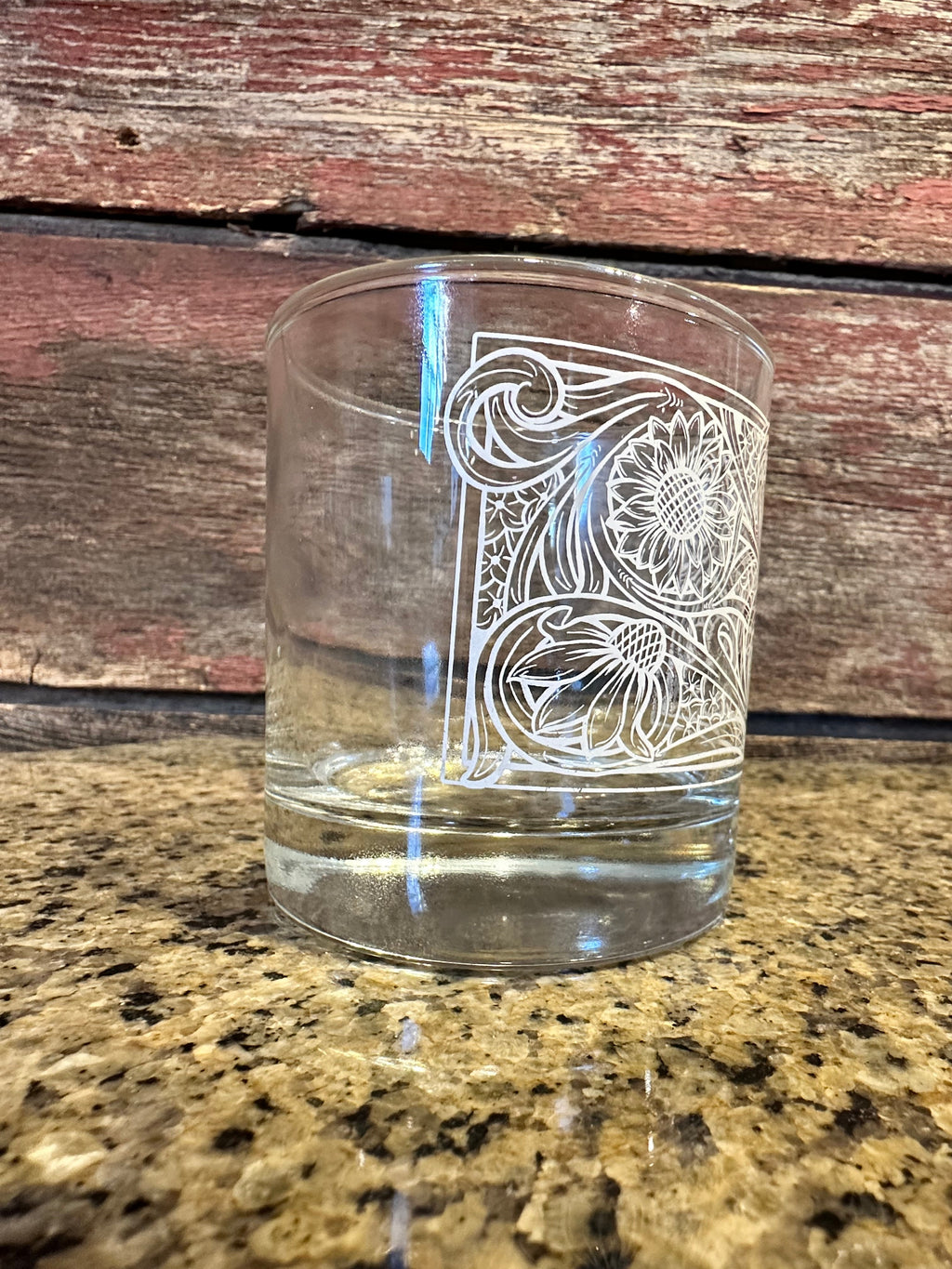 On the Rocks Glass; Floral Tooled Design