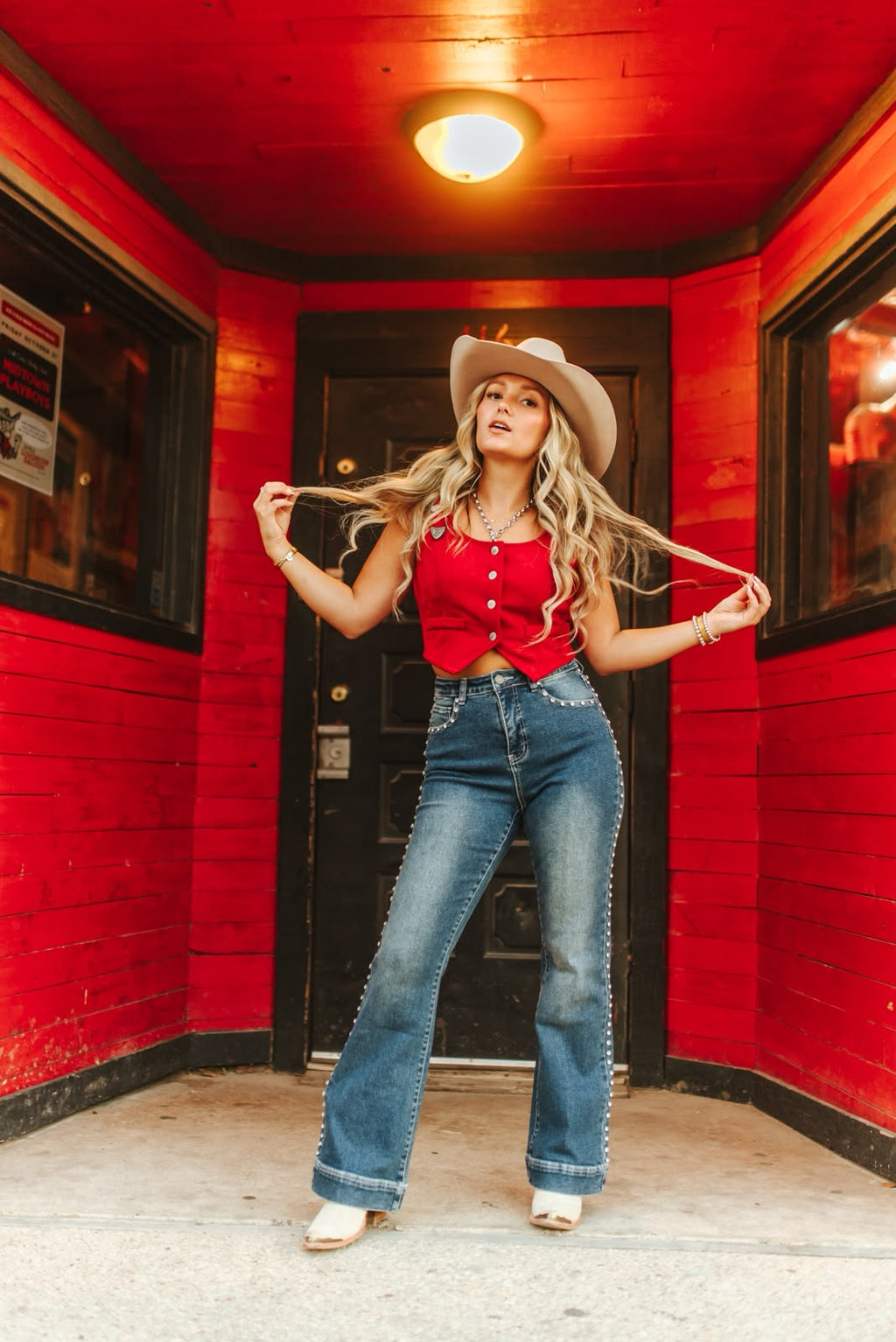 The Cassidy Rhinestone Studded High Rise Flare Jeans — Mid Wash | 31" Inseam