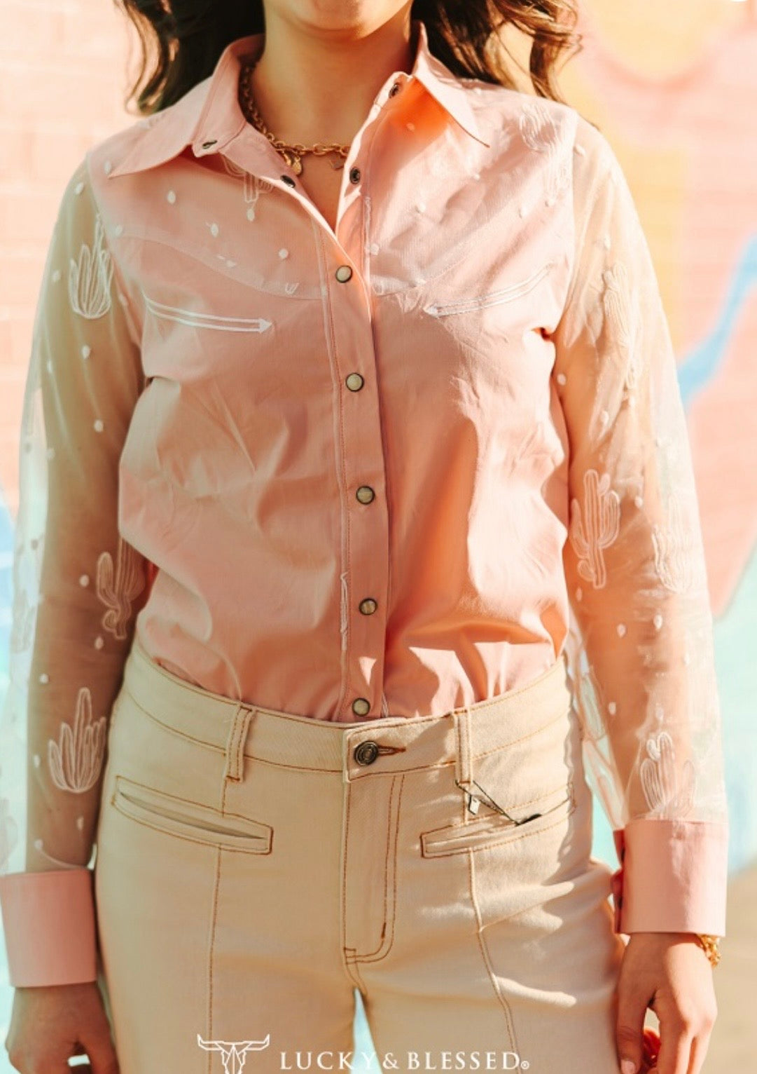 The Bellamy Peach Pearl Snap Mesh Long Sleeve Top