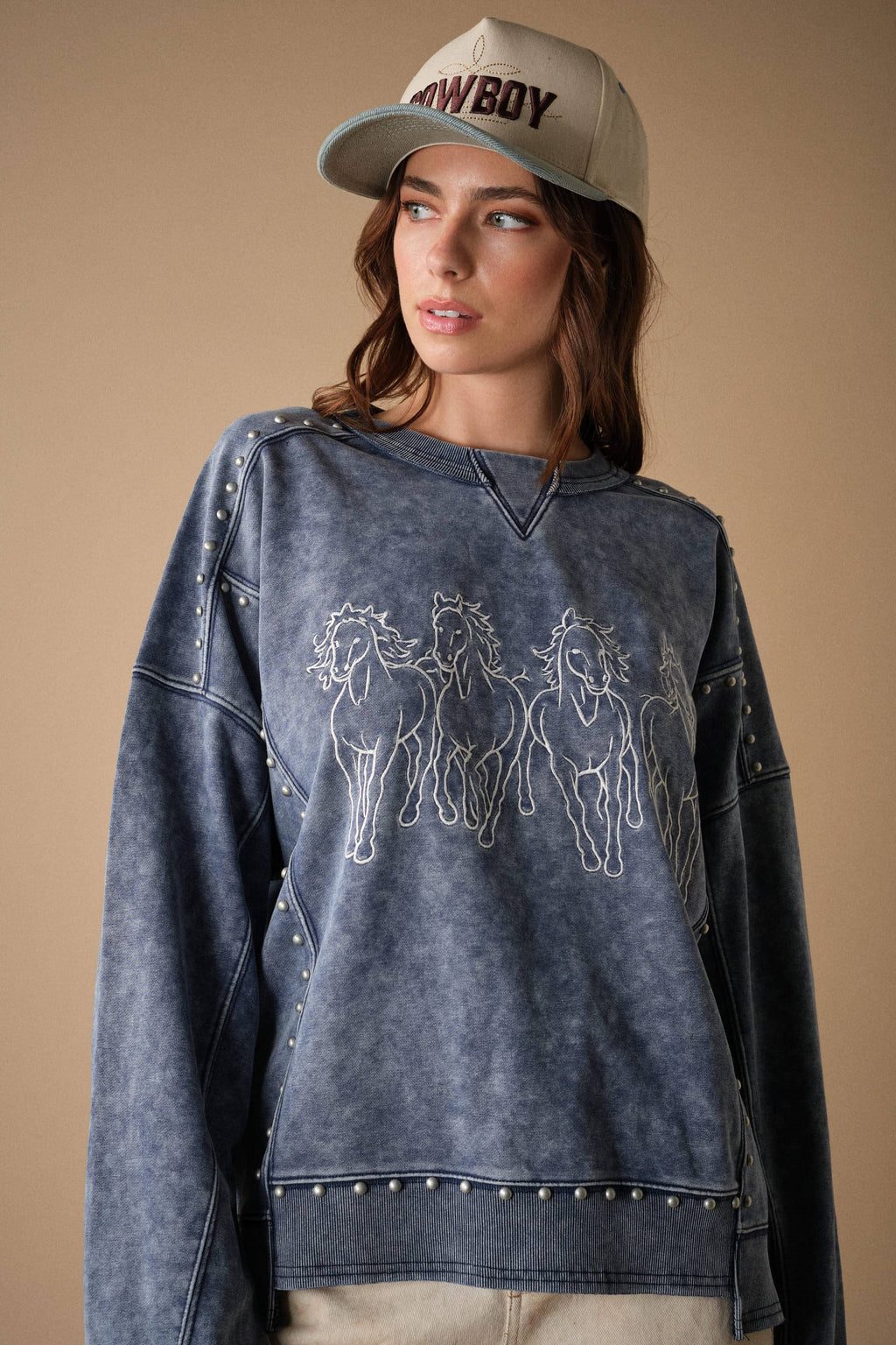 The Brooke Horse Embroidery Stud Sweatshirt