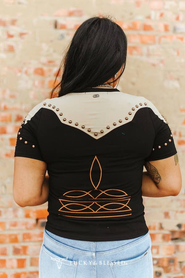 The Haven Black Studded Western Yoke Short Sleeve Top