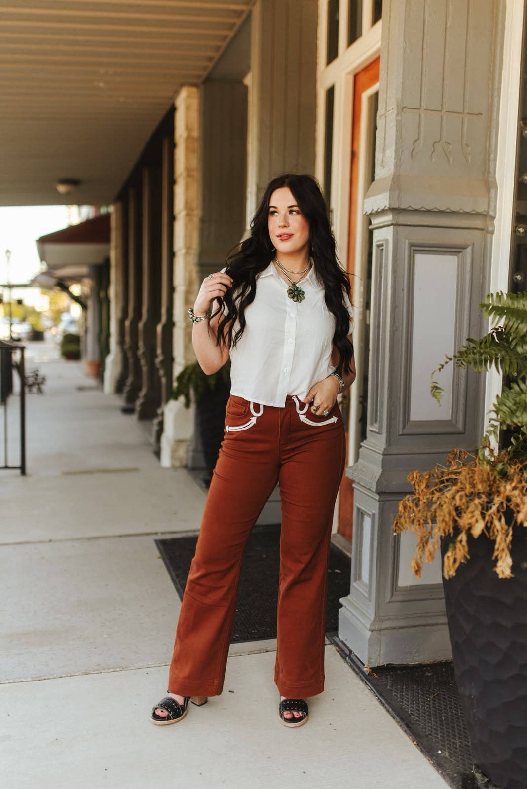 The Hadley Camel Stretch Denim Western Arrow Wide Leg Jeans