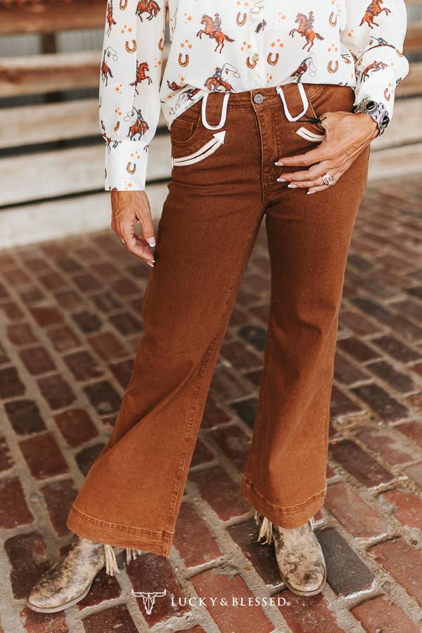 The Hadley Camel Stretch Denim Western Arrow Wide Leg Jeans