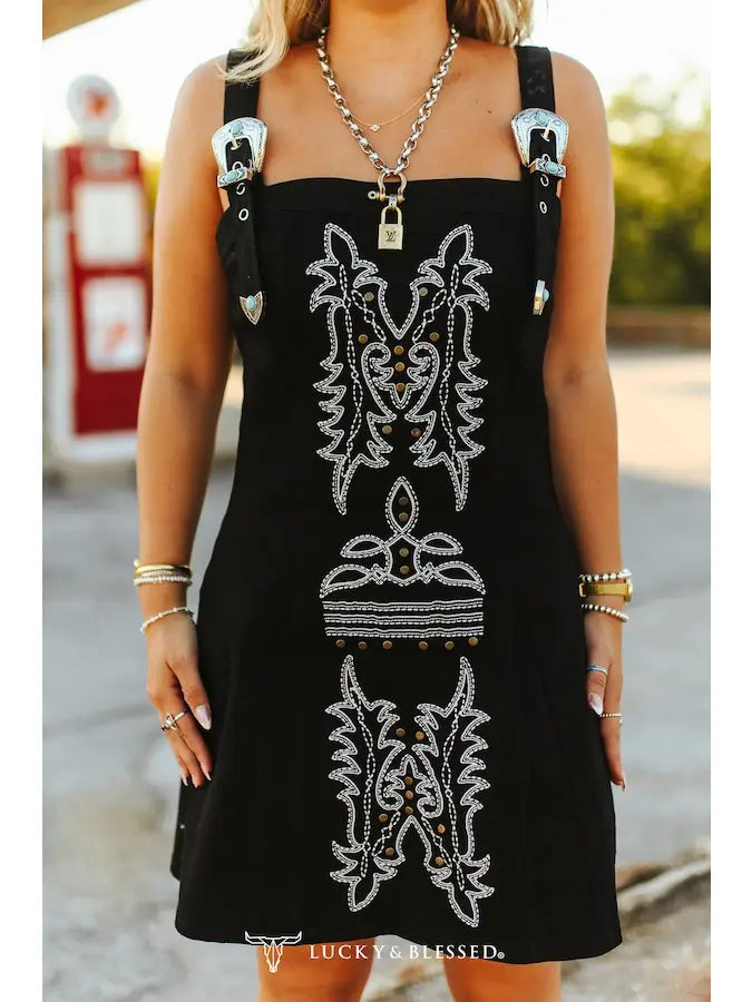 The Samantha Black Ivory Embroidered Buckle Tank Denim Stretch Dress