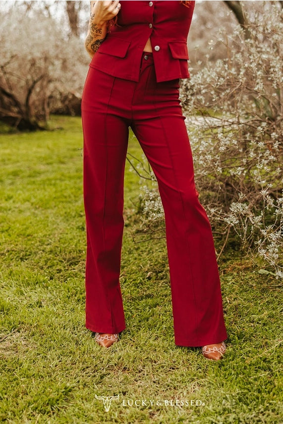Reba Red Solid Front Crease Detail Pants