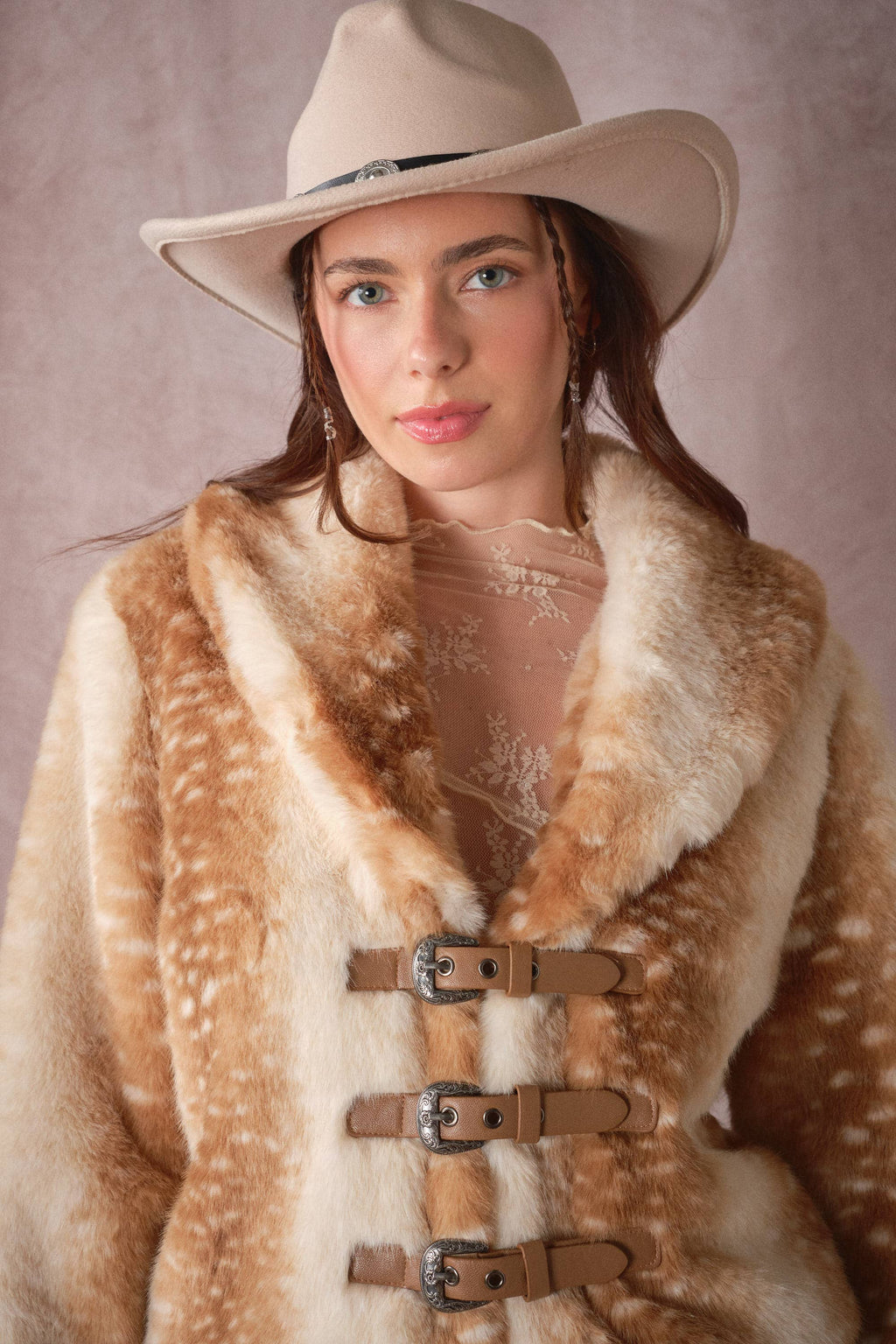 The Audrey Buckled Deer Print Faux Fur Jacket