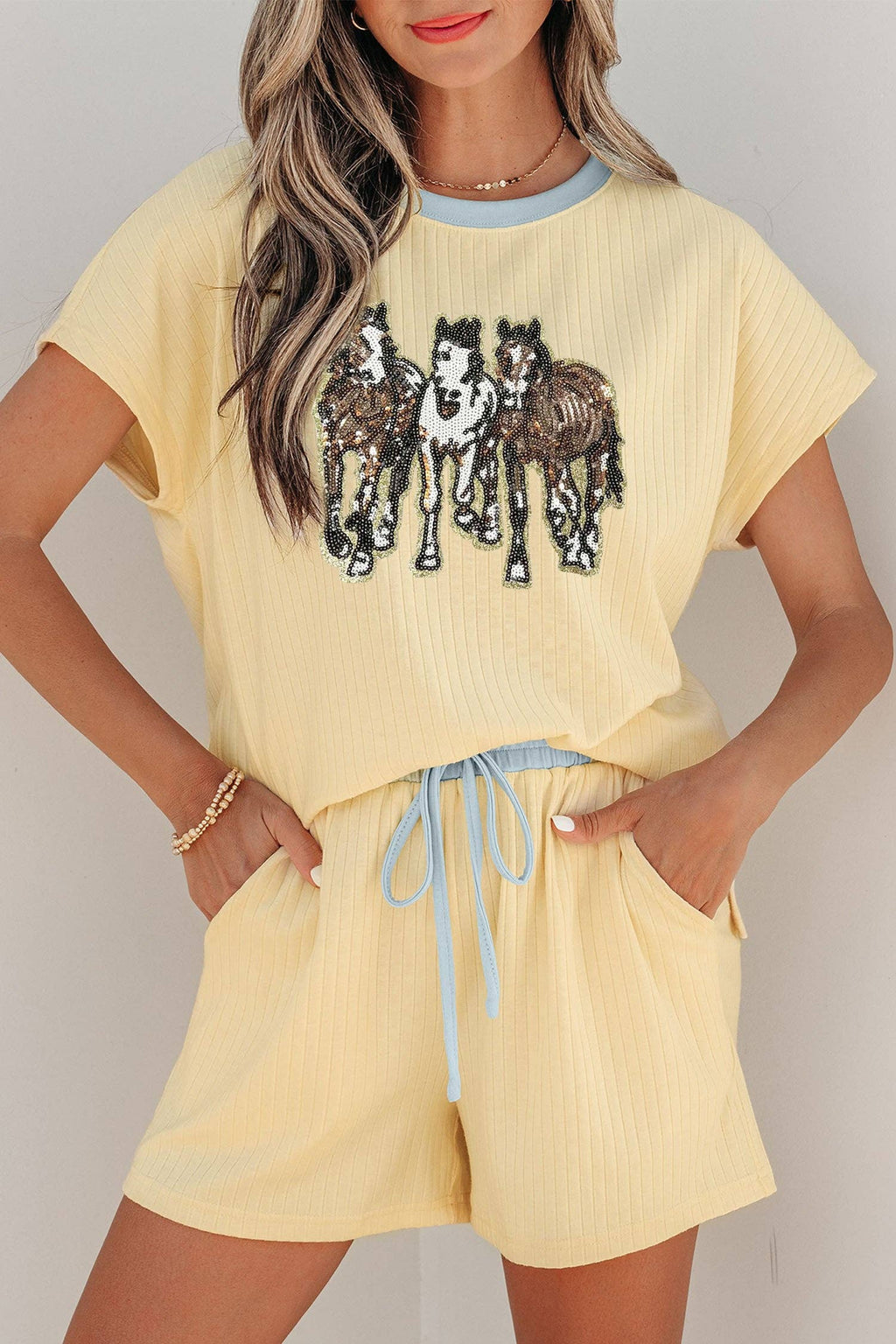 The Chandler Yellow Cream Ribbed Knit Two Piece Set Sequin Horse Casual Short Set