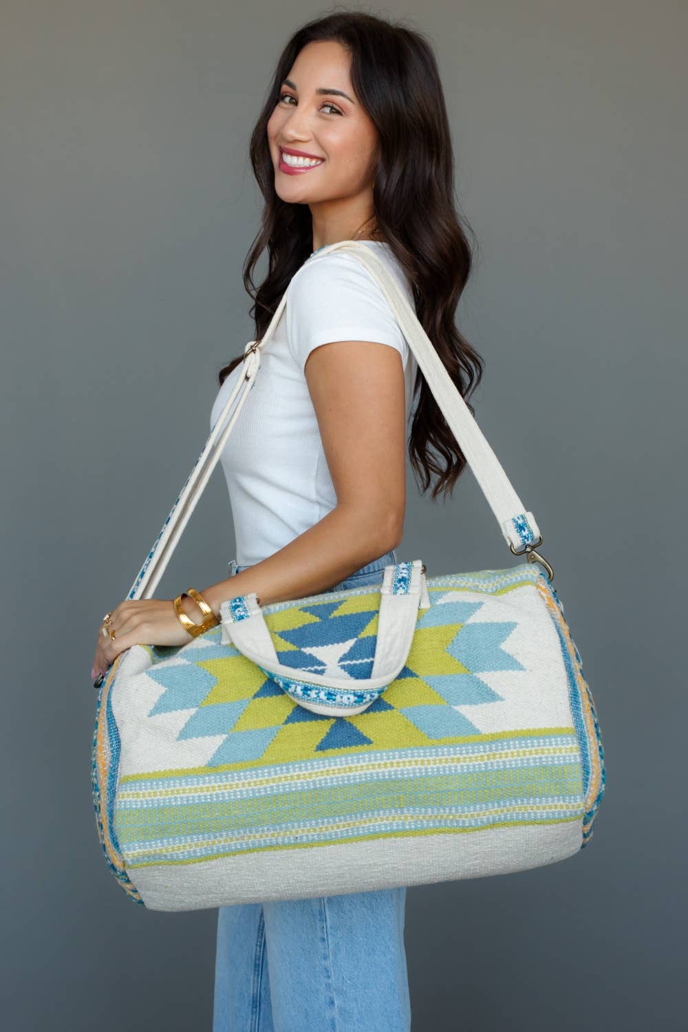 Southwestern Print Cotton Duffel Bag — Cream, Blue & Lime