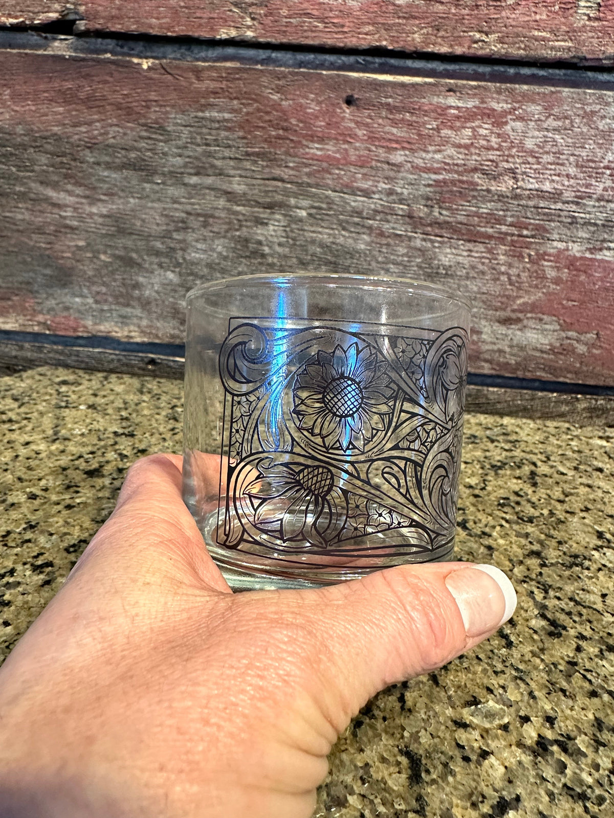 On the Rocks Glass; Floral Tooled Design