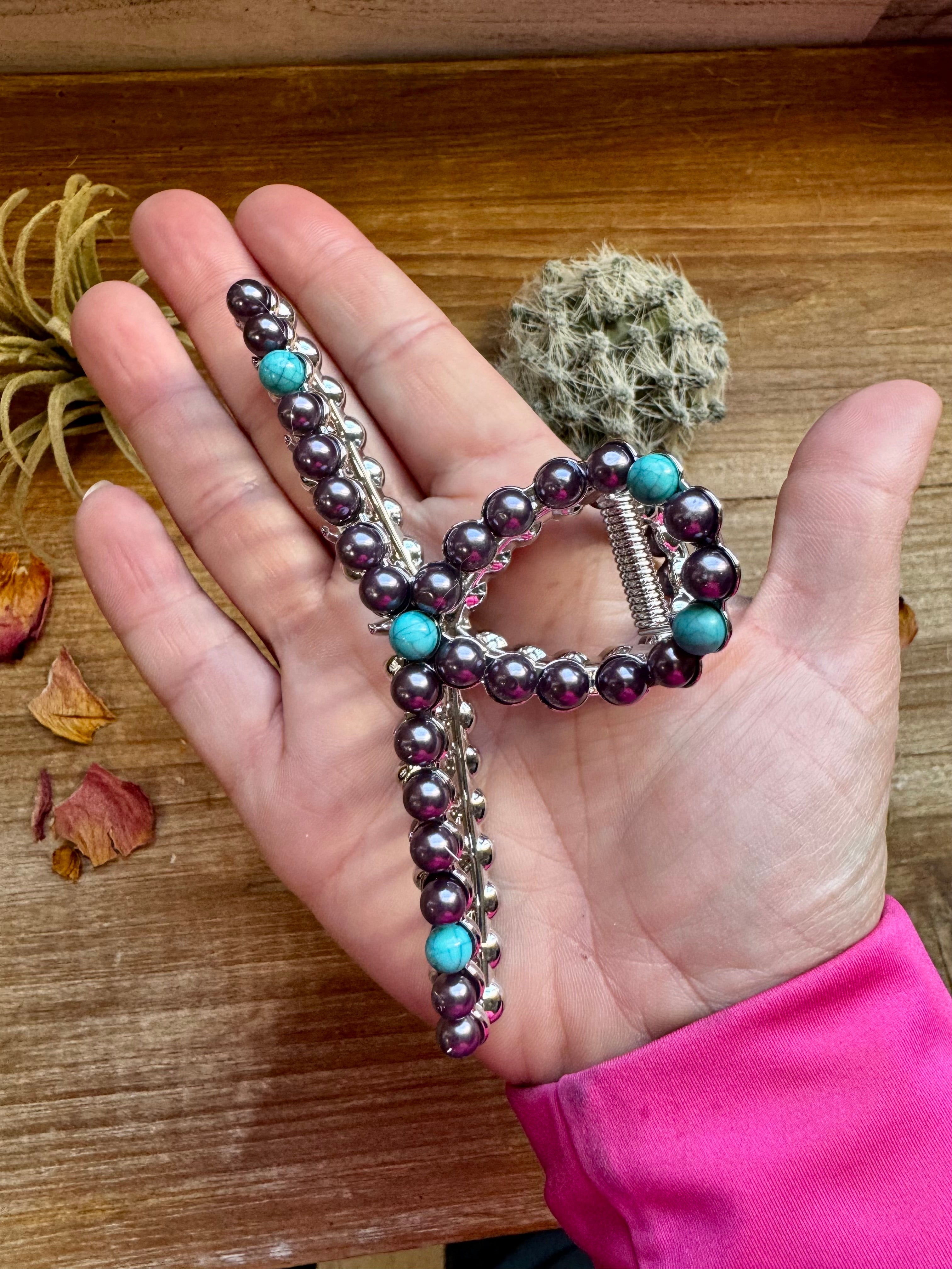 Turquoise and Faux Pearl Hair Clip