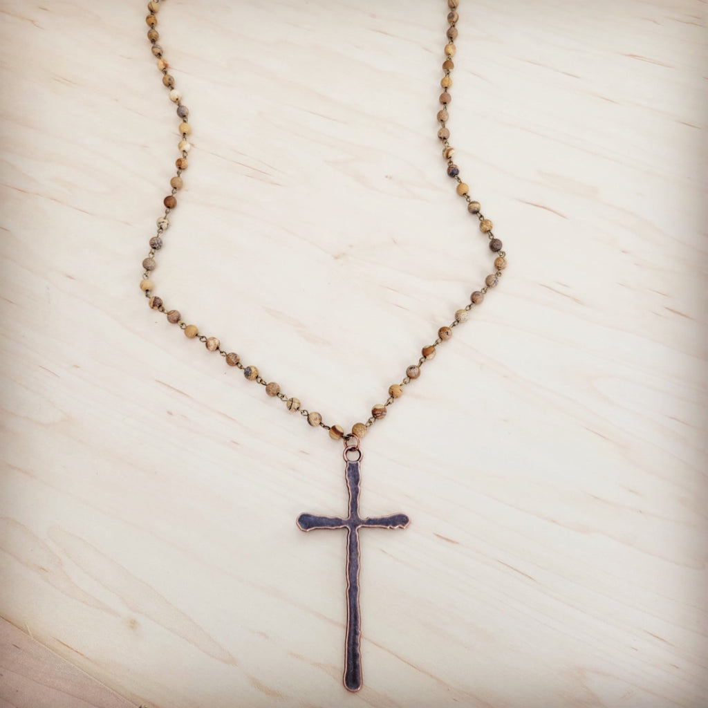 **Genuine Picture Jasper Long Beaded Necklace with Antique Copper Cross 262w