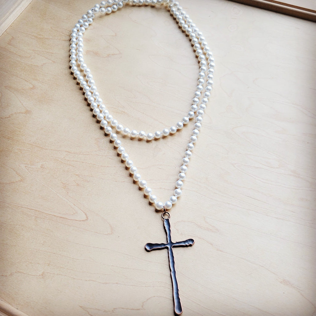 **Extra Long Pearl Beaded Necklace w/ Copper Cross 260m