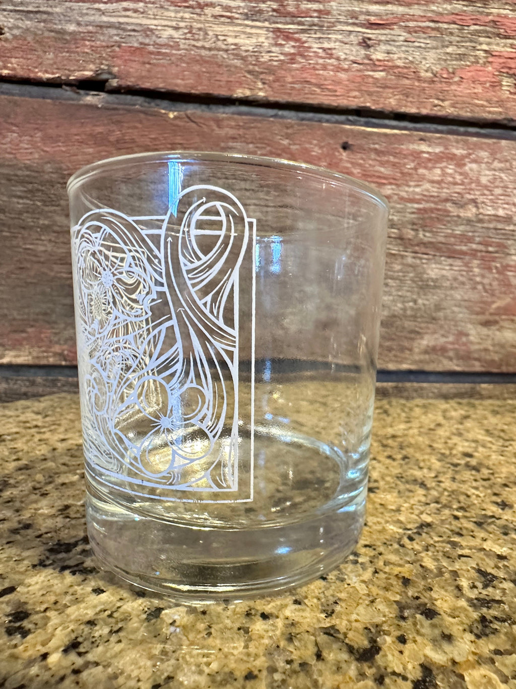 On the Rocks Glass; Floral Tooled Design