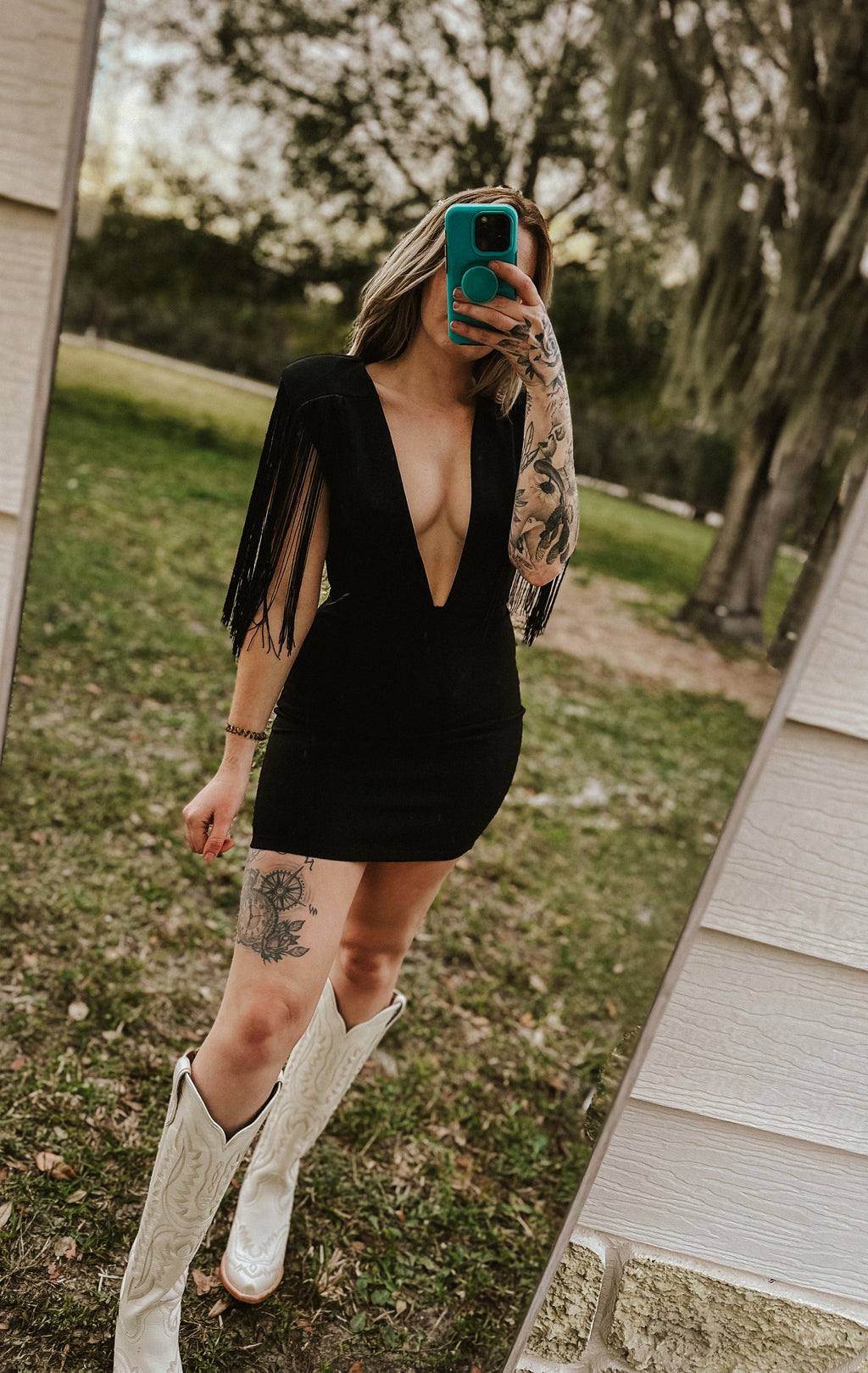 The Dallas Fringe Deep Neck Mini Dress