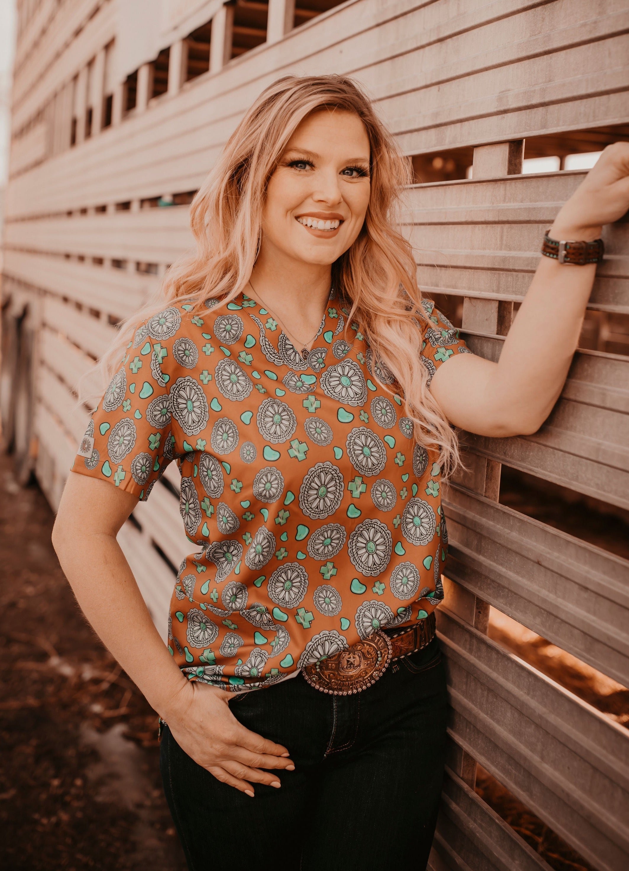 Turquoise Stone Scrub Top | Spurrin’ Scrubs