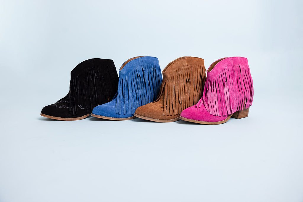 The Amos Fringe Ankle Bootie in Blue Suede