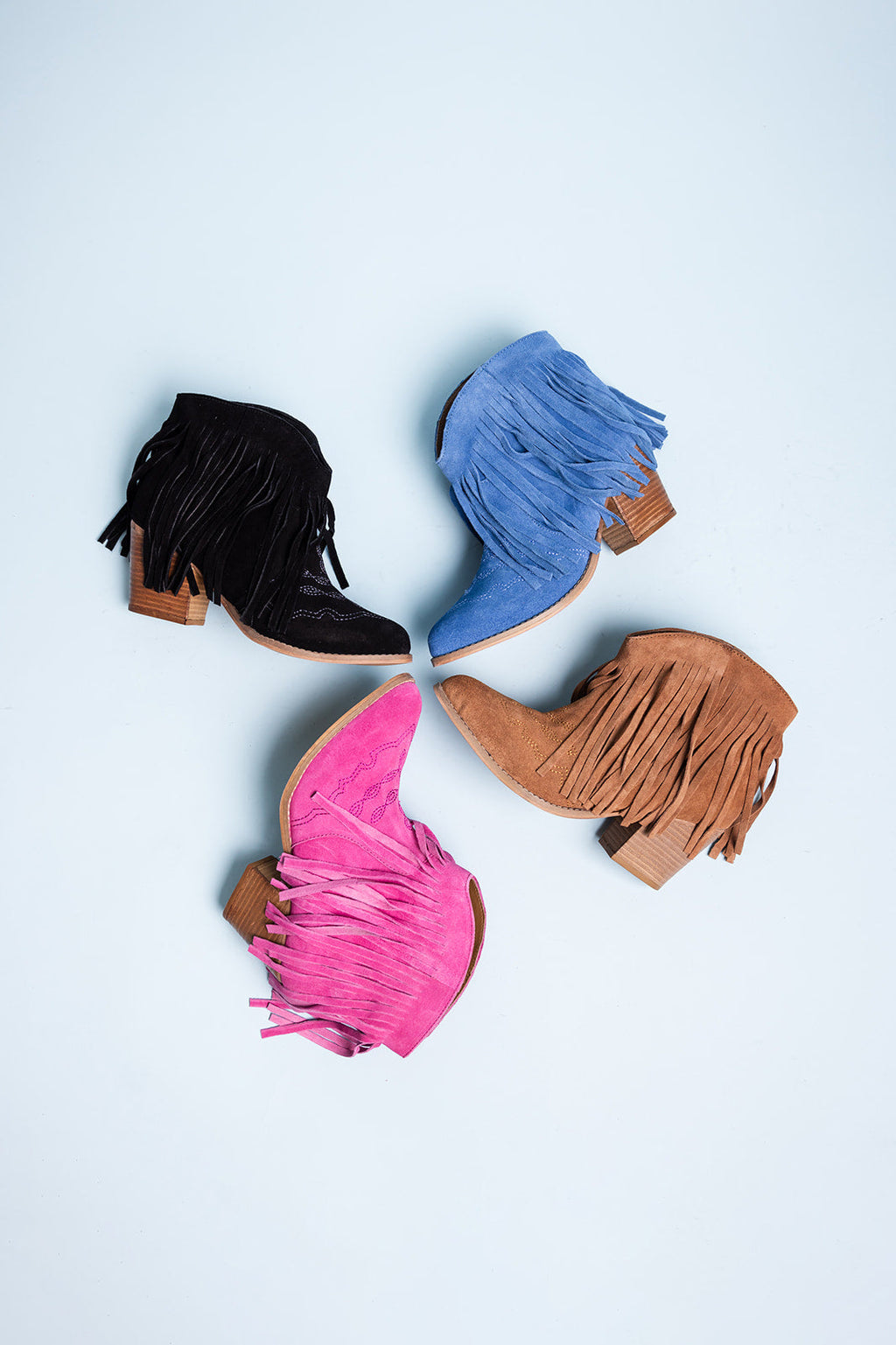 The Amos Fringe Ankle Bootie in Blue Suede
