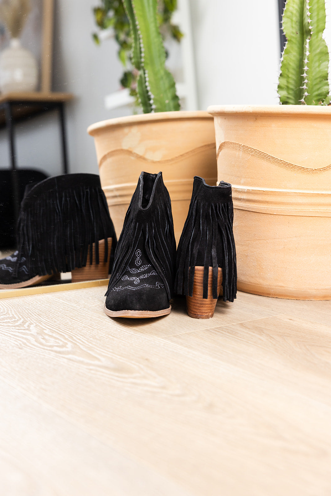 The Amos Fringe Ankle Bootie in Magenta Suede