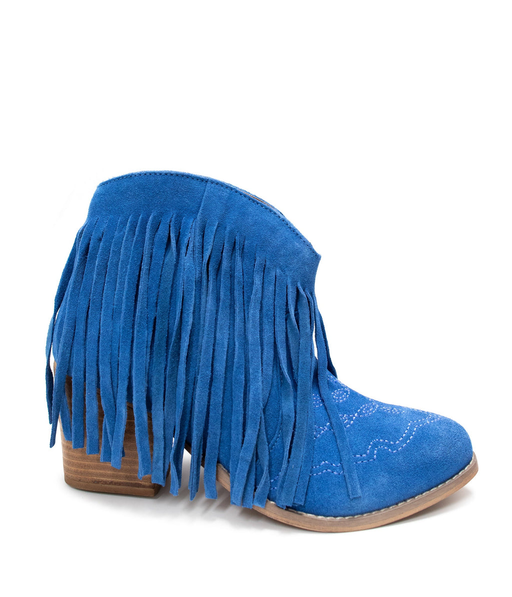 The Amos Fringe Ankle Bootie in Blue Suede