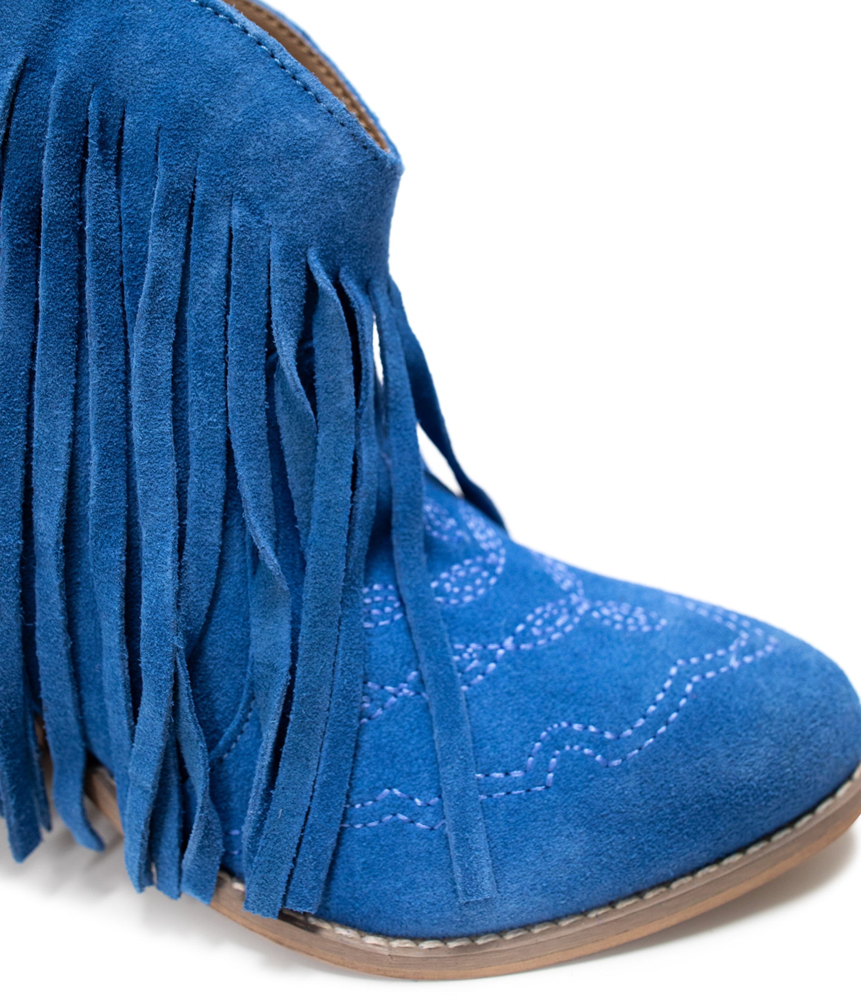 The Amos Fringe Ankle Bootie in Blue Suede