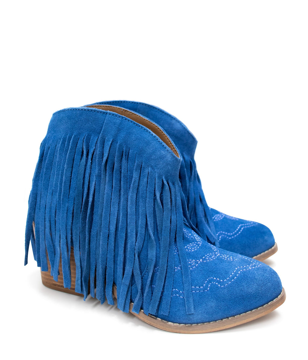 The Amos Fringe Ankle Bootie in Blue Suede