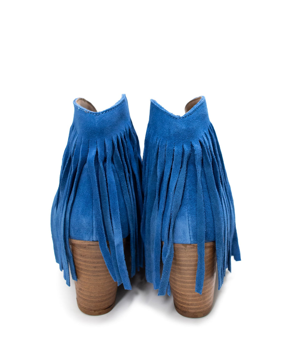 The Amos Fringe Ankle Bootie in Blue Suede
