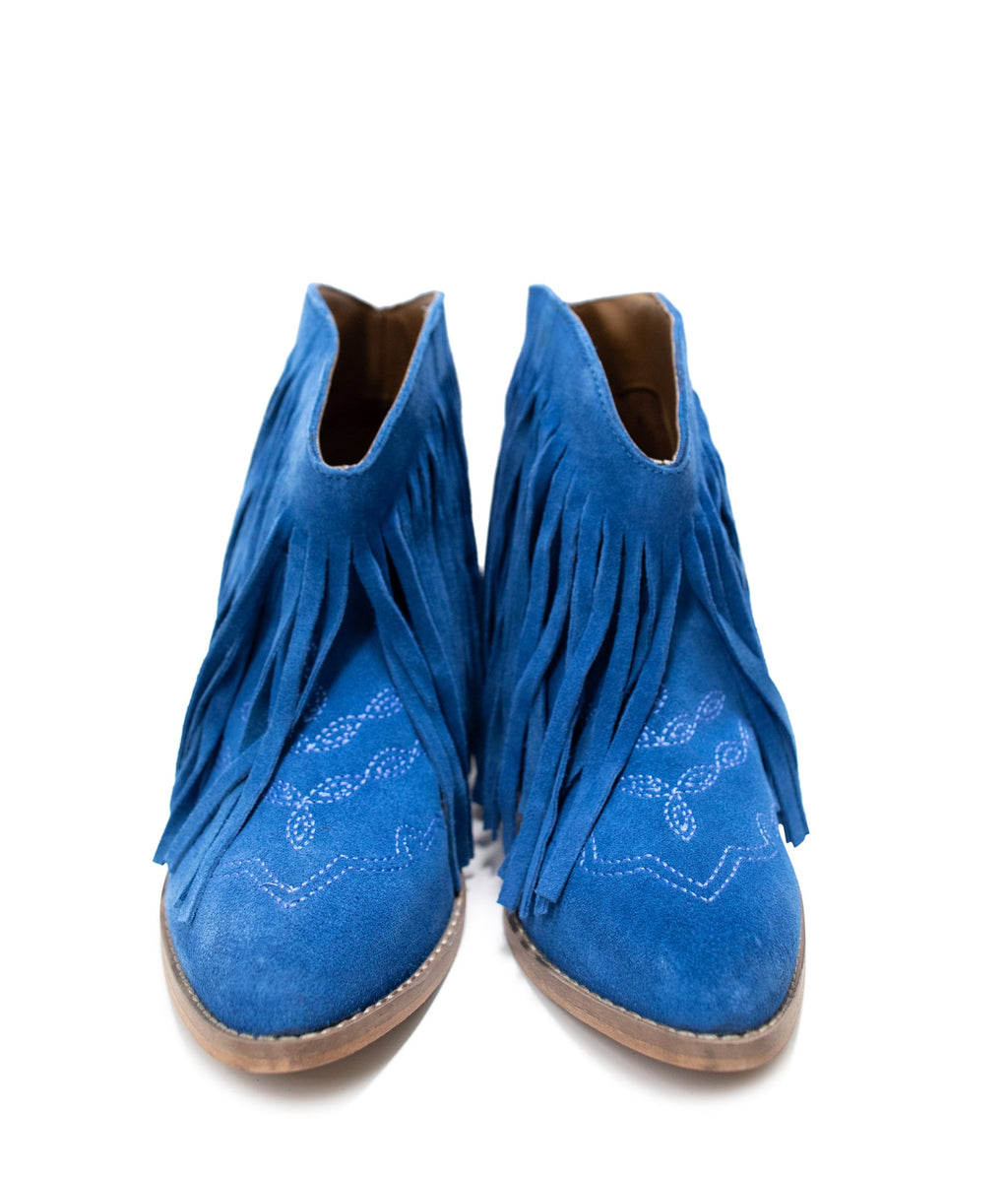 The Amos Fringe Ankle Bootie in Blue Suede