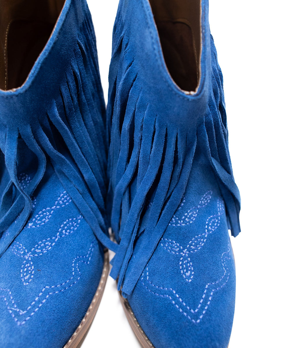 The Amos Fringe Ankle Bootie in Blue Suede