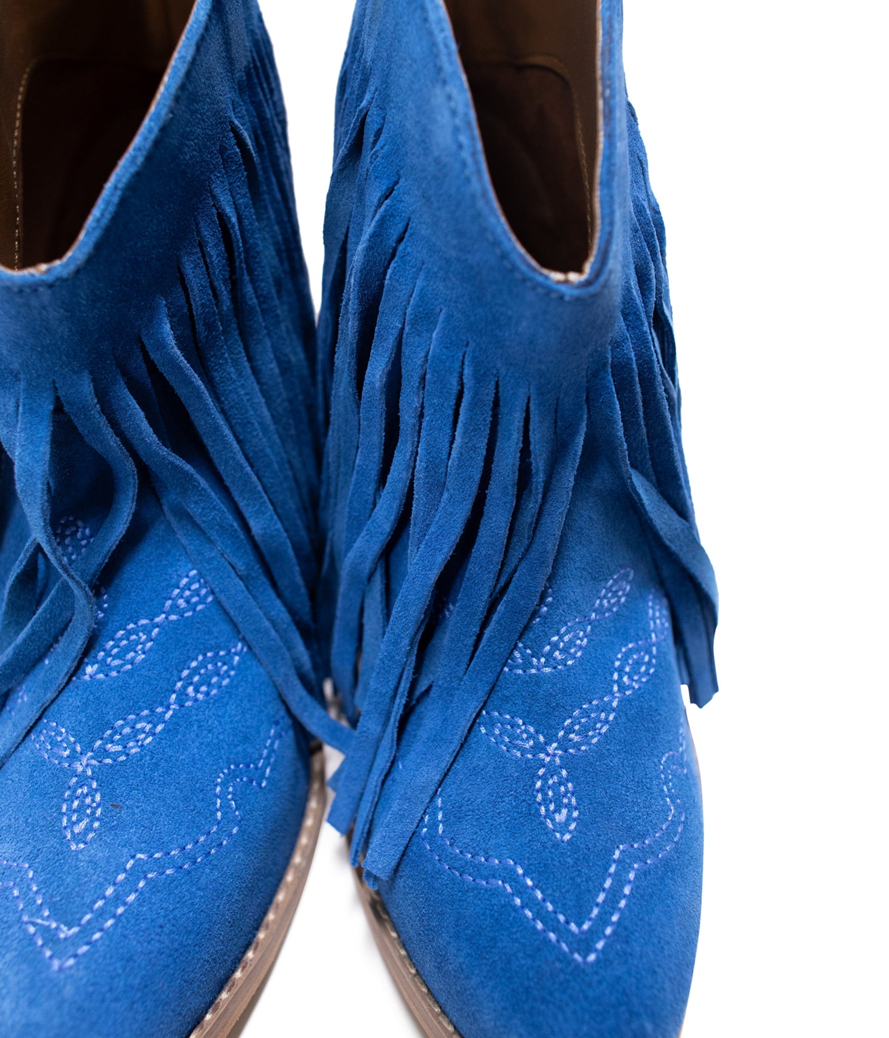 The Amos Fringe Ankle Bootie in Blue Suede