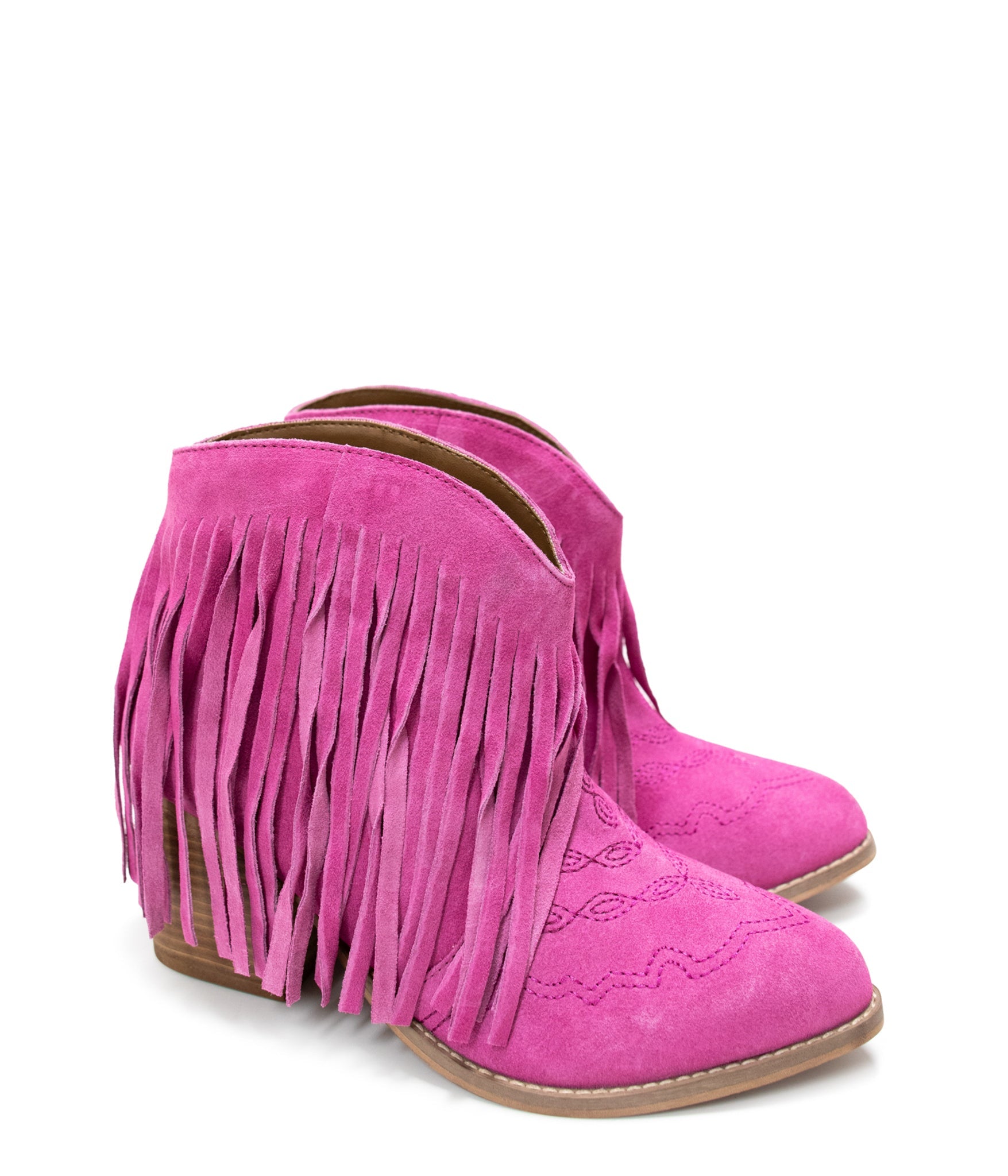 The Amos Fringe Ankle Bootie in Magenta Suede