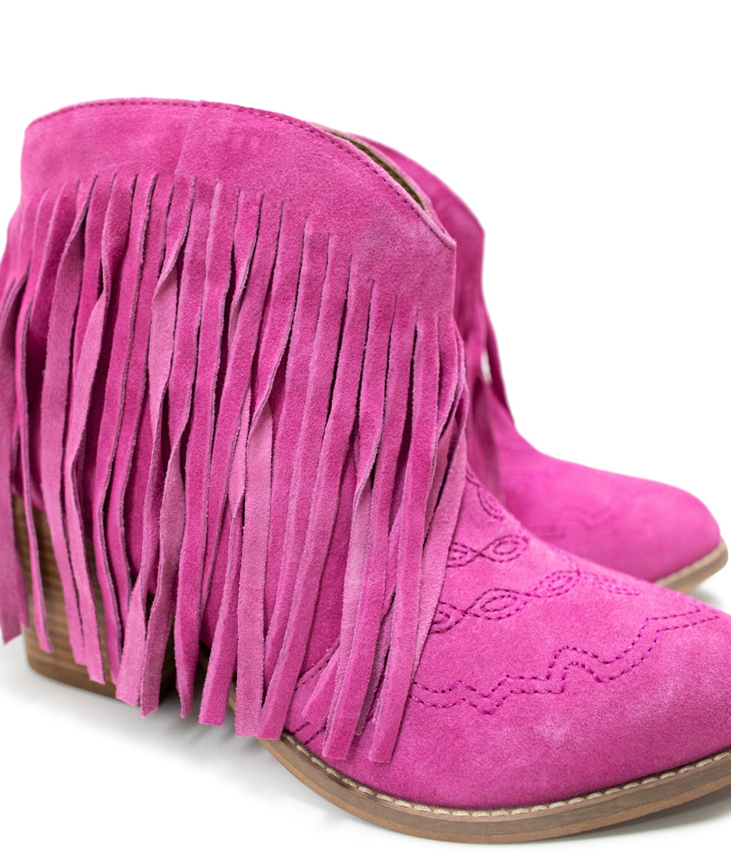 The Amos Fringe Ankle Bootie in Magenta Suede