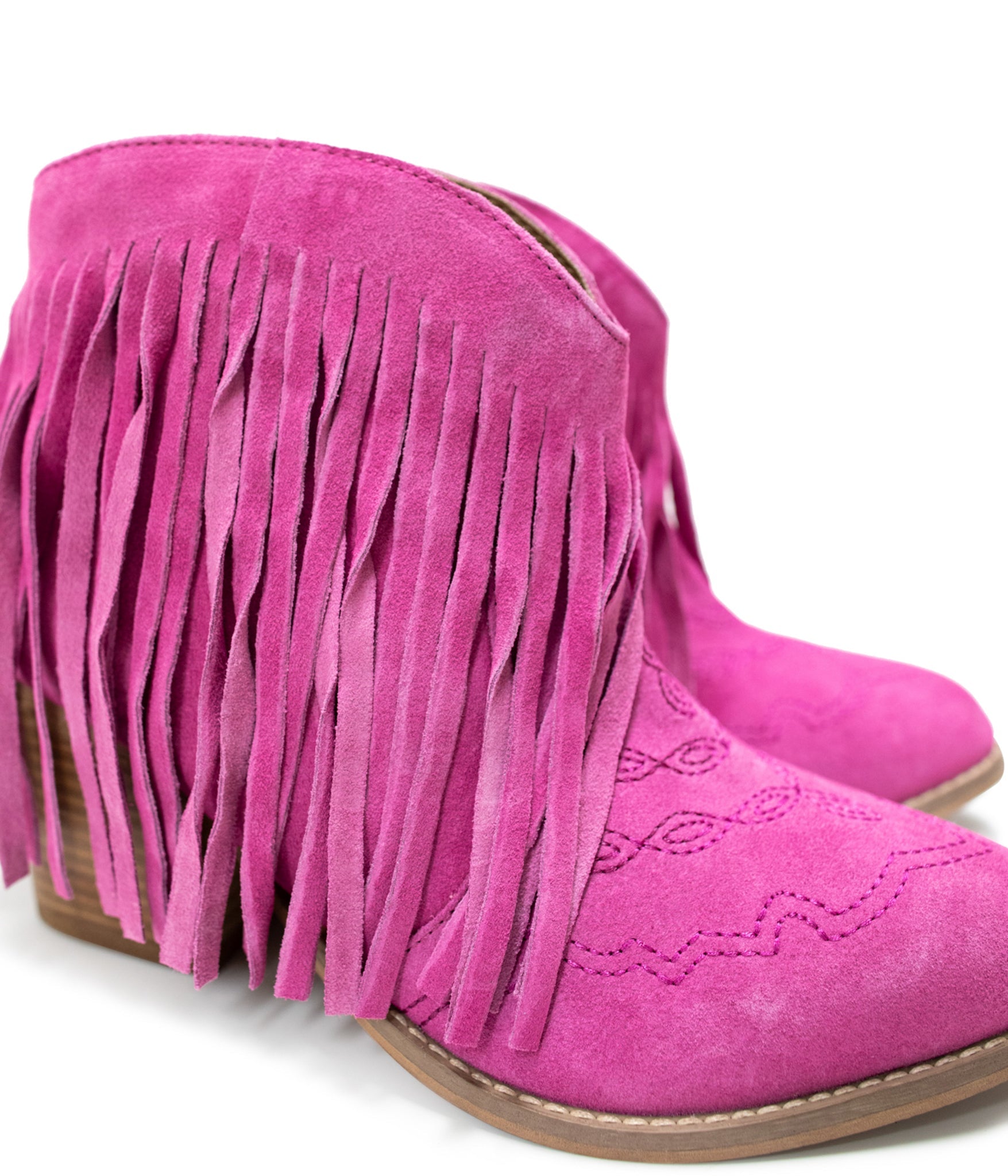 The Amos Fringe Ankle Bootie in Magenta Suede