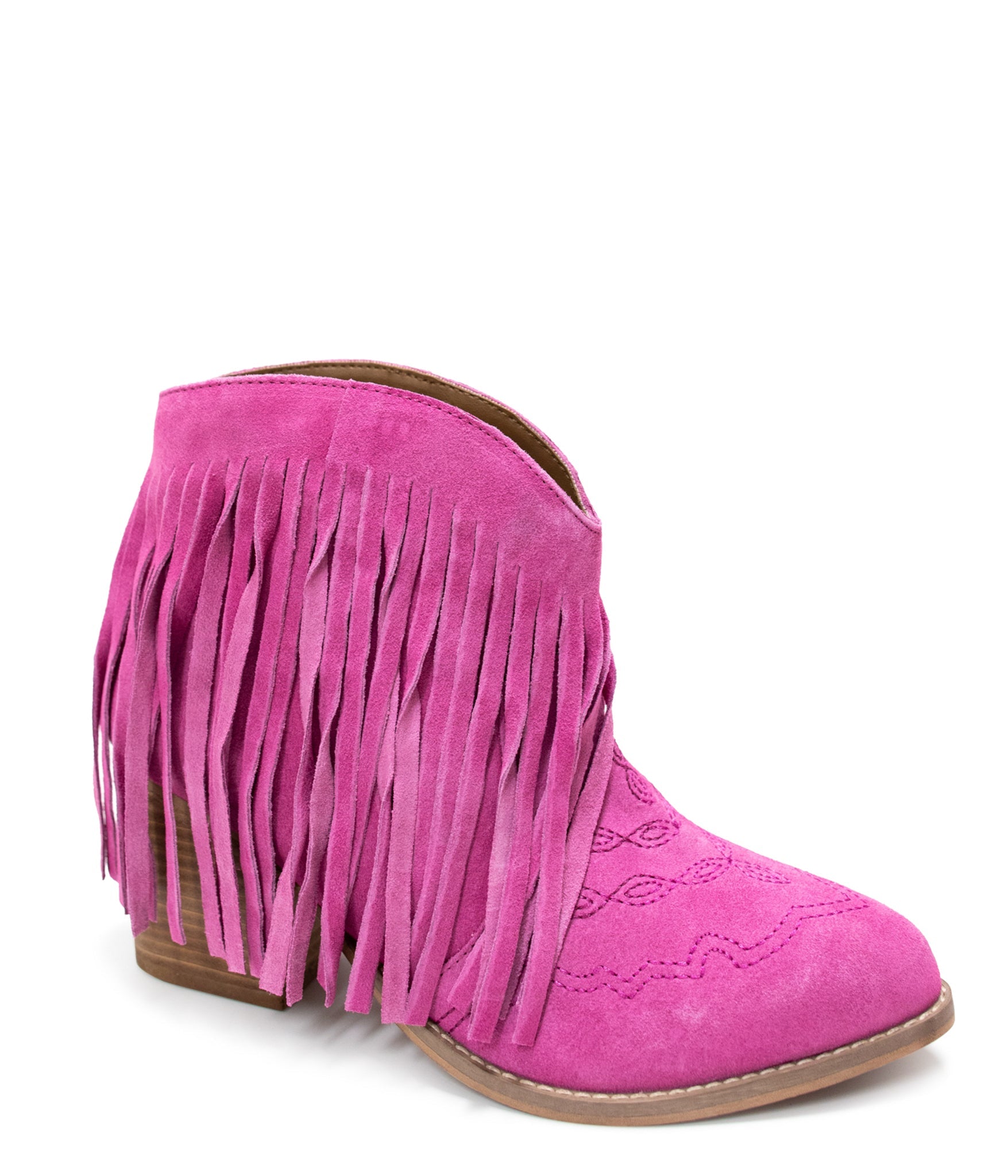 The Amos Fringe Ankle Bootie in Magenta Suede