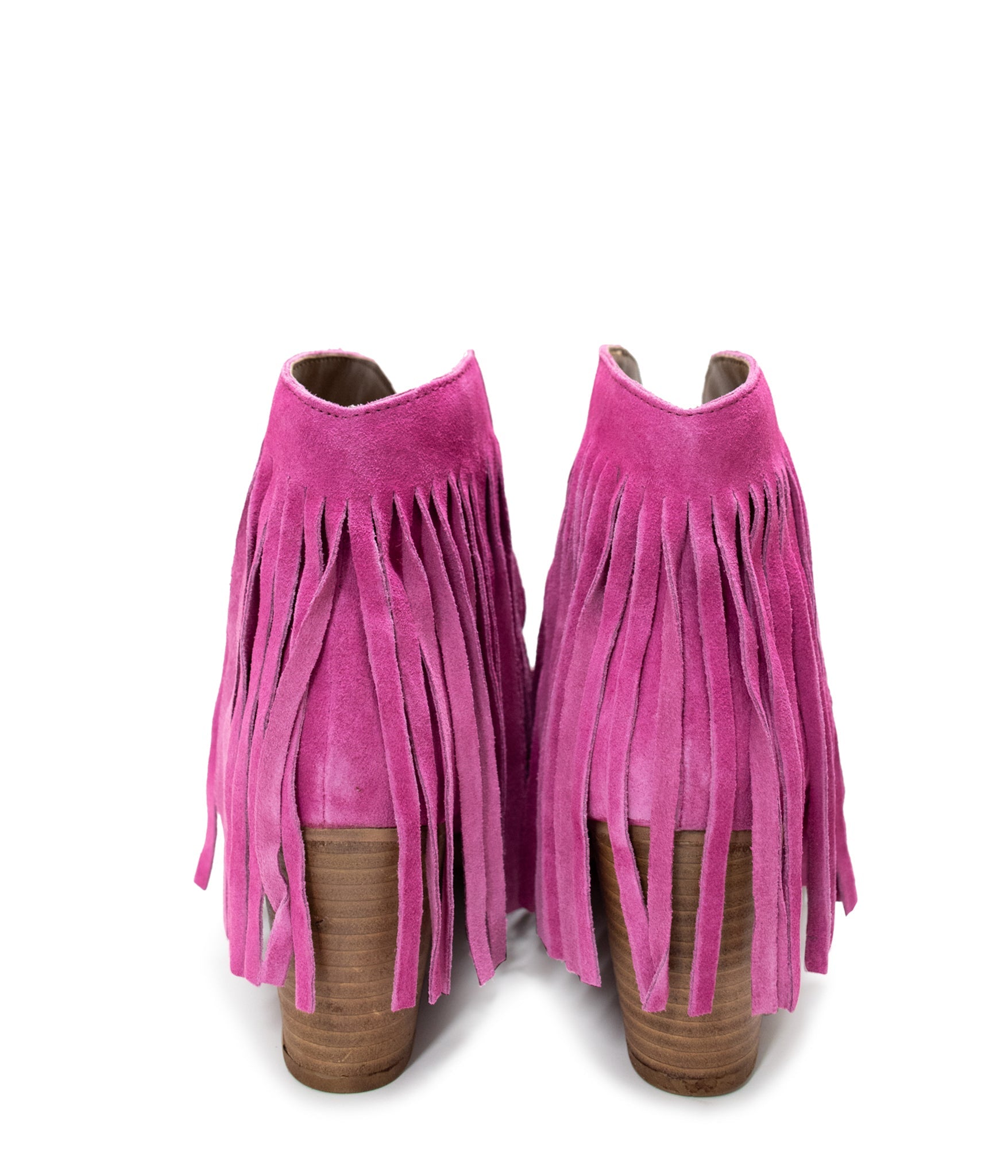 The Amos Fringe Ankle Bootie in Magenta Suede