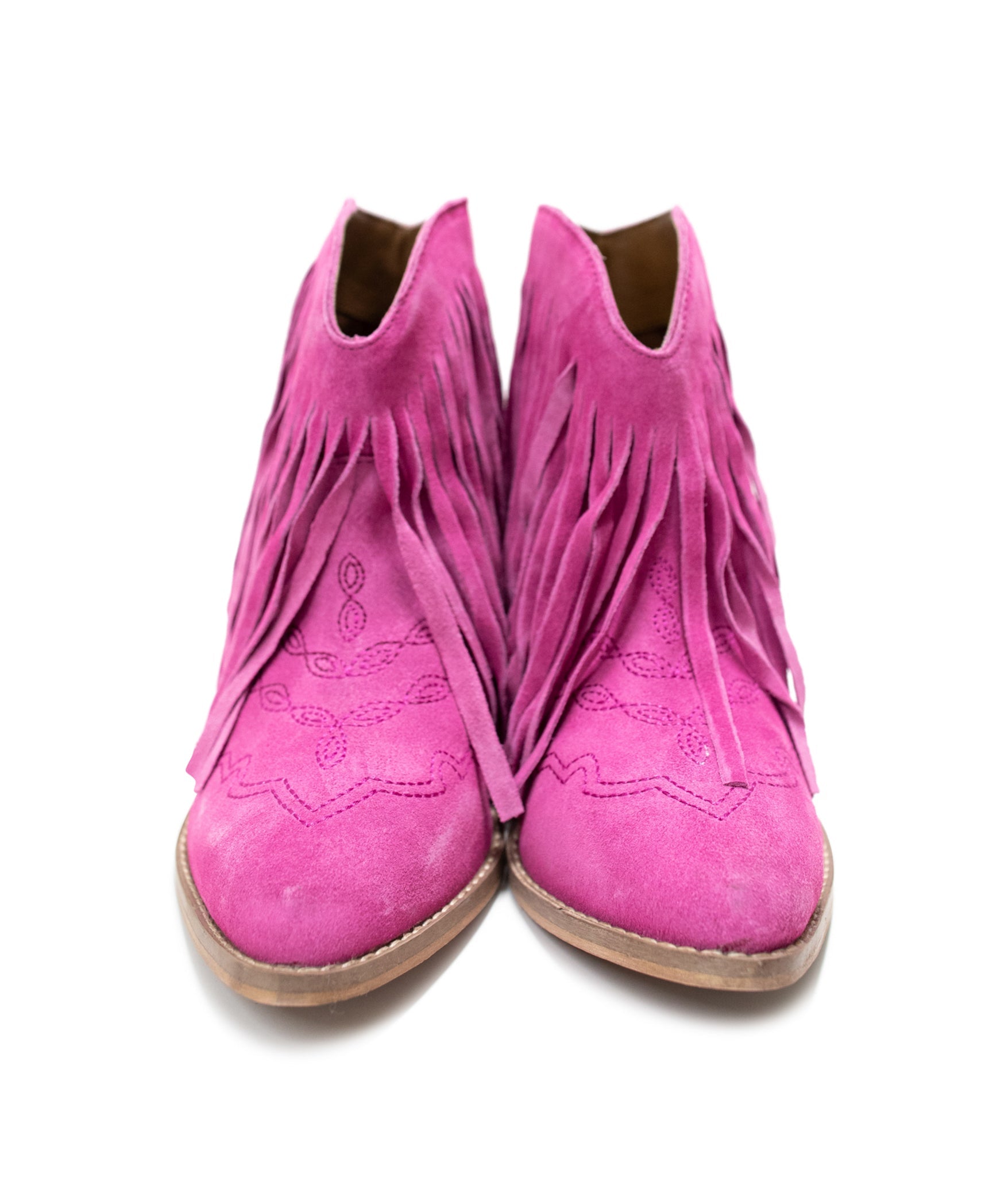 The Amos Fringe Ankle Bootie in Magenta Suede