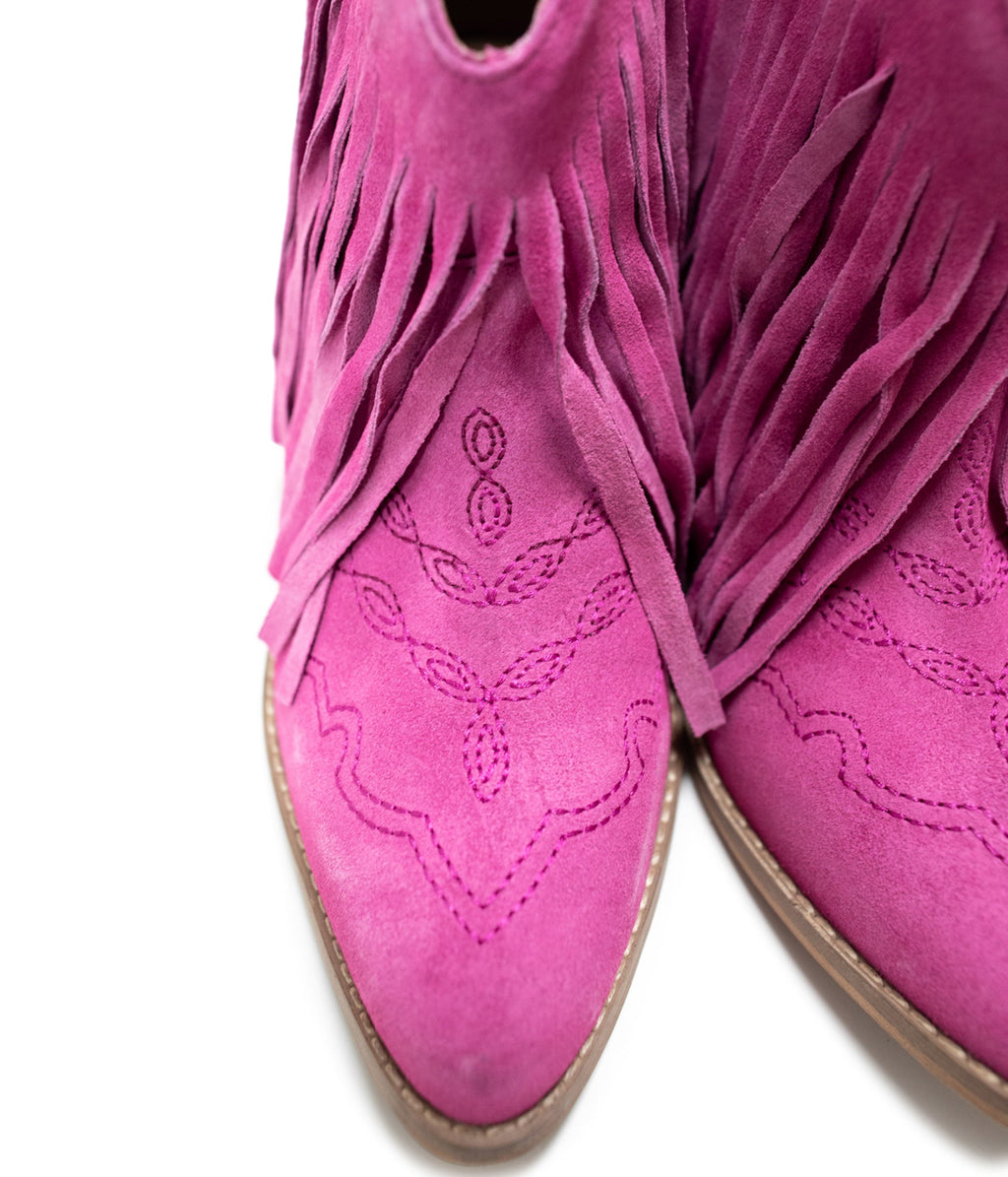 The Amos Fringe Ankle Bootie in Magenta Suede