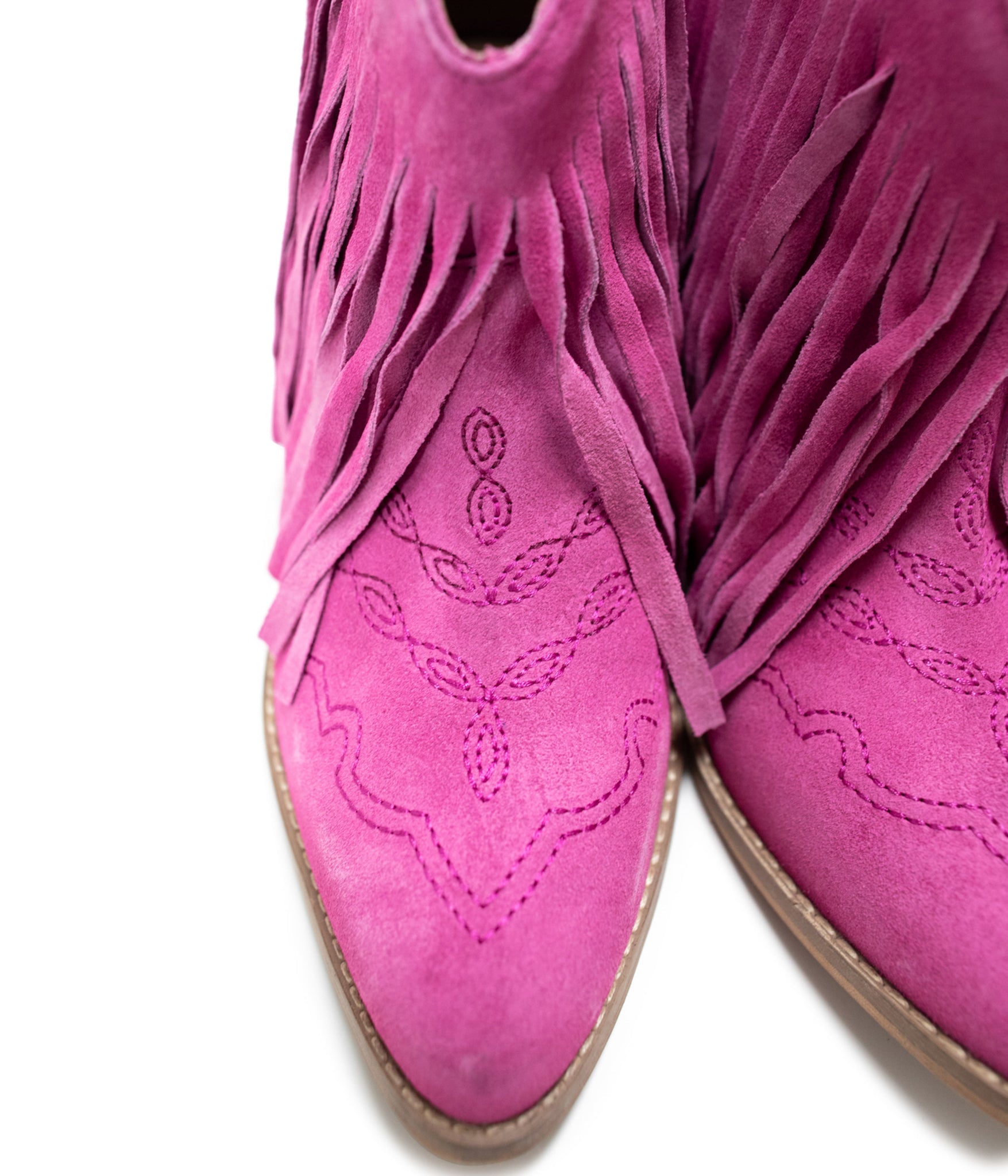 The Amos Fringe Ankle Bootie in Magenta Suede