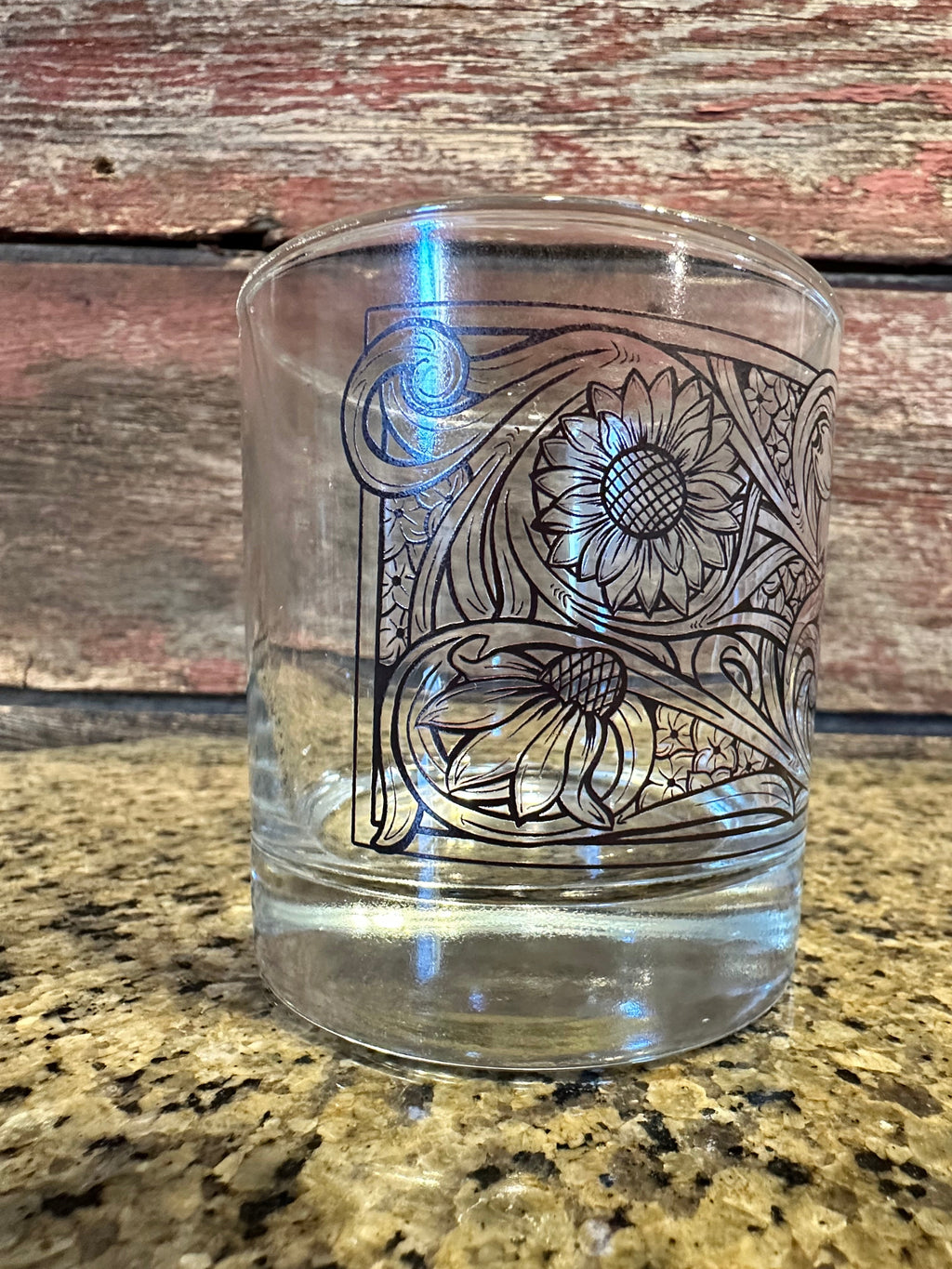 On the Rocks Glass; Floral Tooled Design