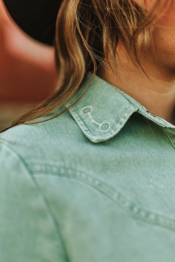 The Bit & Bridle Sage Pearl Snap Top