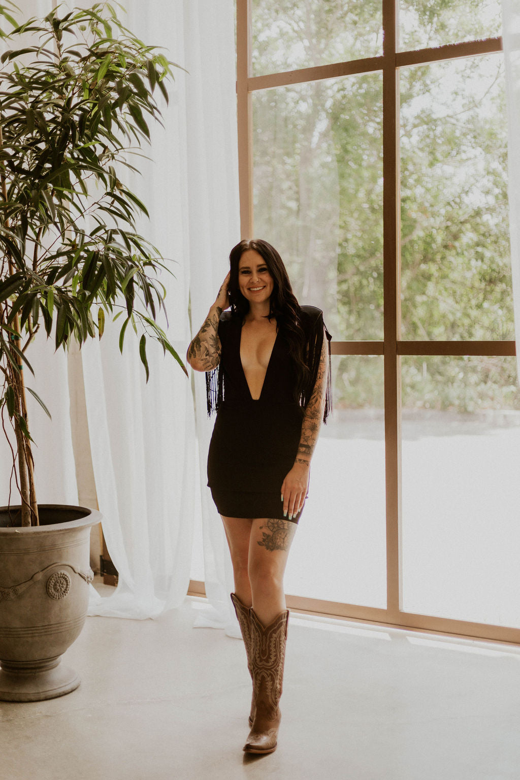 The Dallas Fringe Deep Neck Mini Dress