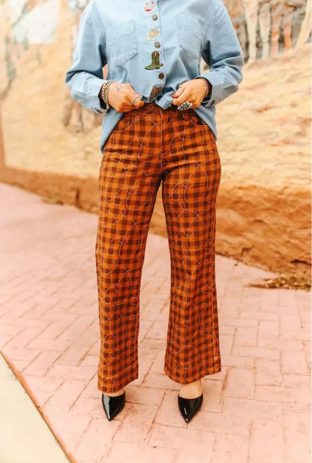 The Yeehaw Meemaw Plaid Wide-Leg Pants